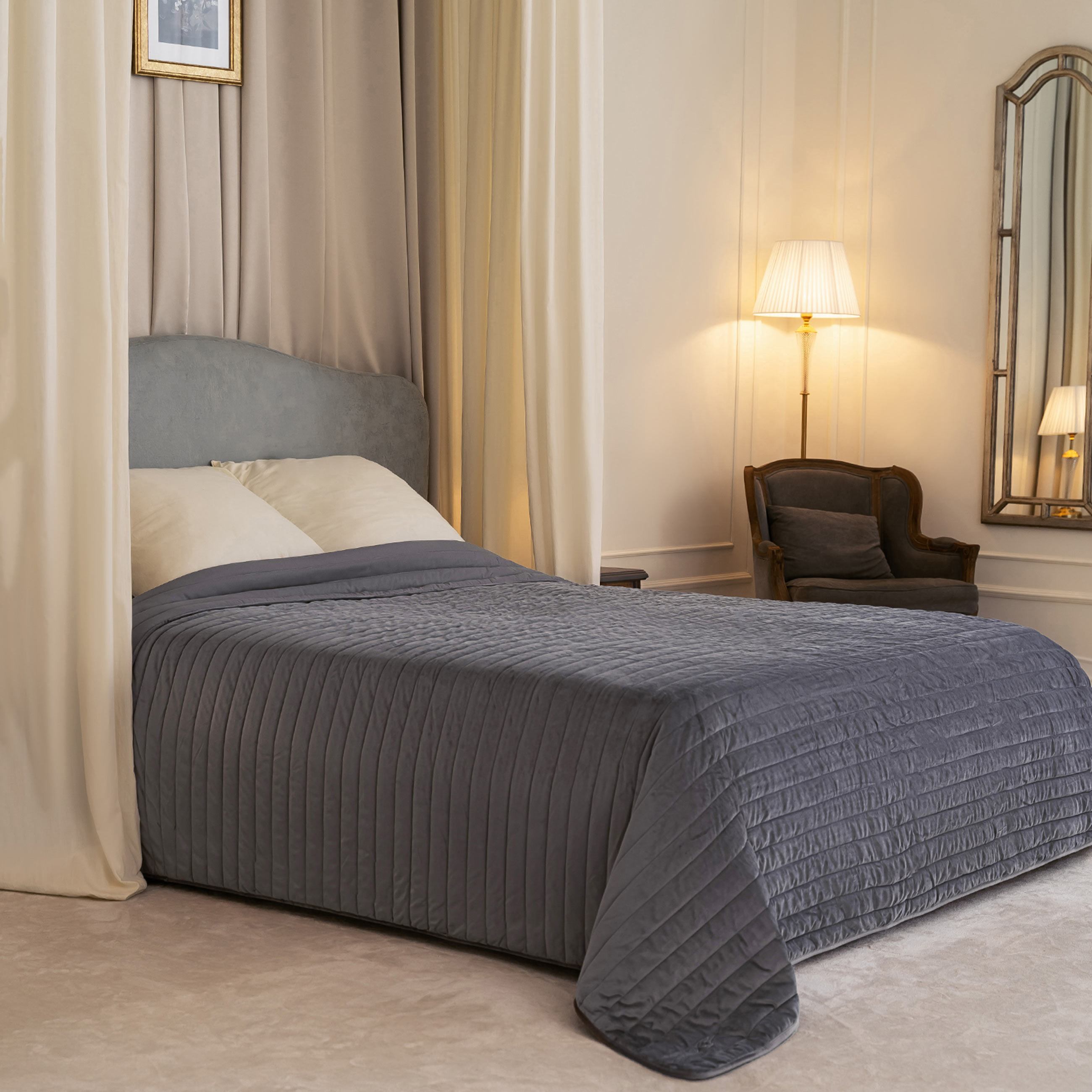 Покрывало 220х240 см стеганое вельветмикрофибра серое Stitch velvet 7990₽