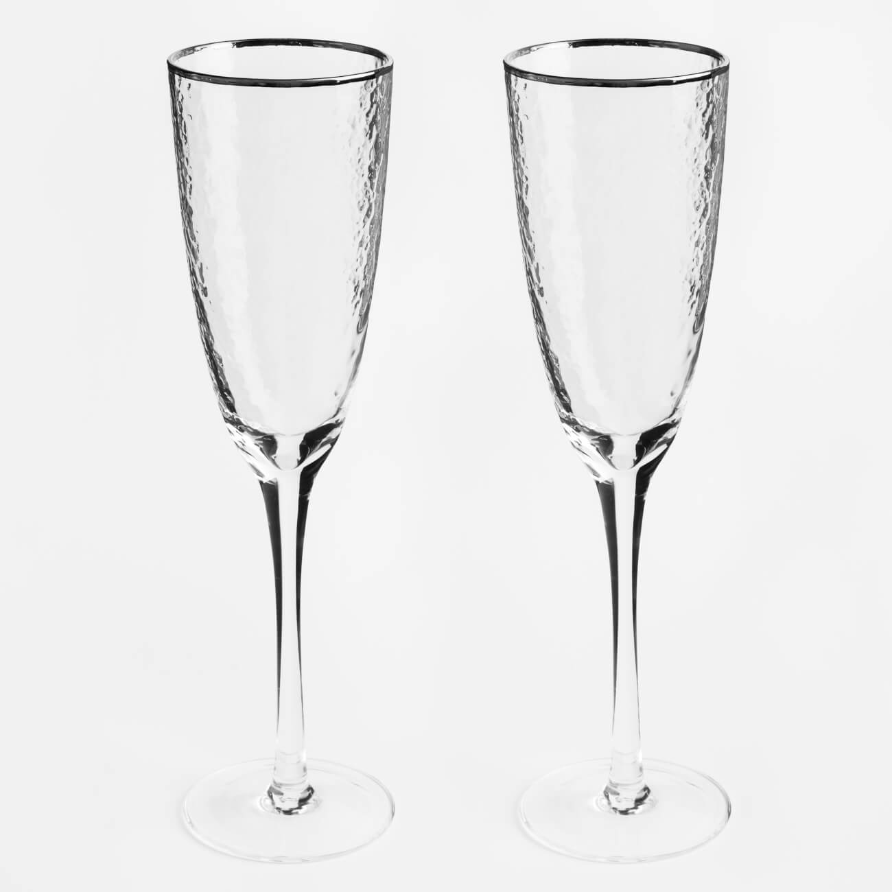 Бокал для шампанского, 275 мл, 2 шт, стекло, с серебристым кантом, Ripply silver