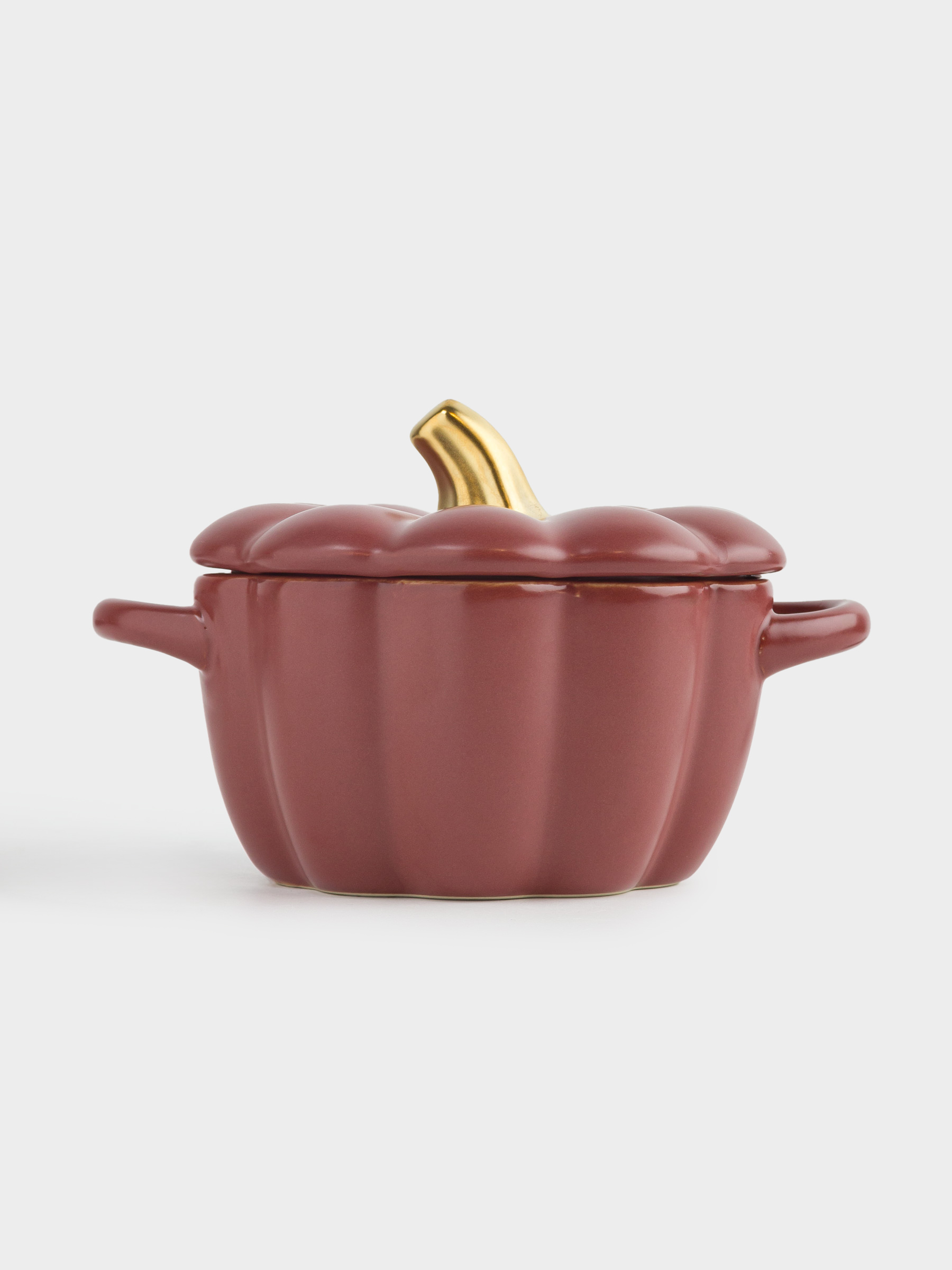 Кокотница, 11 см, 340 мл, с крышкой, керамика, бордово-золотистая, Тыква, Gourd, image-1