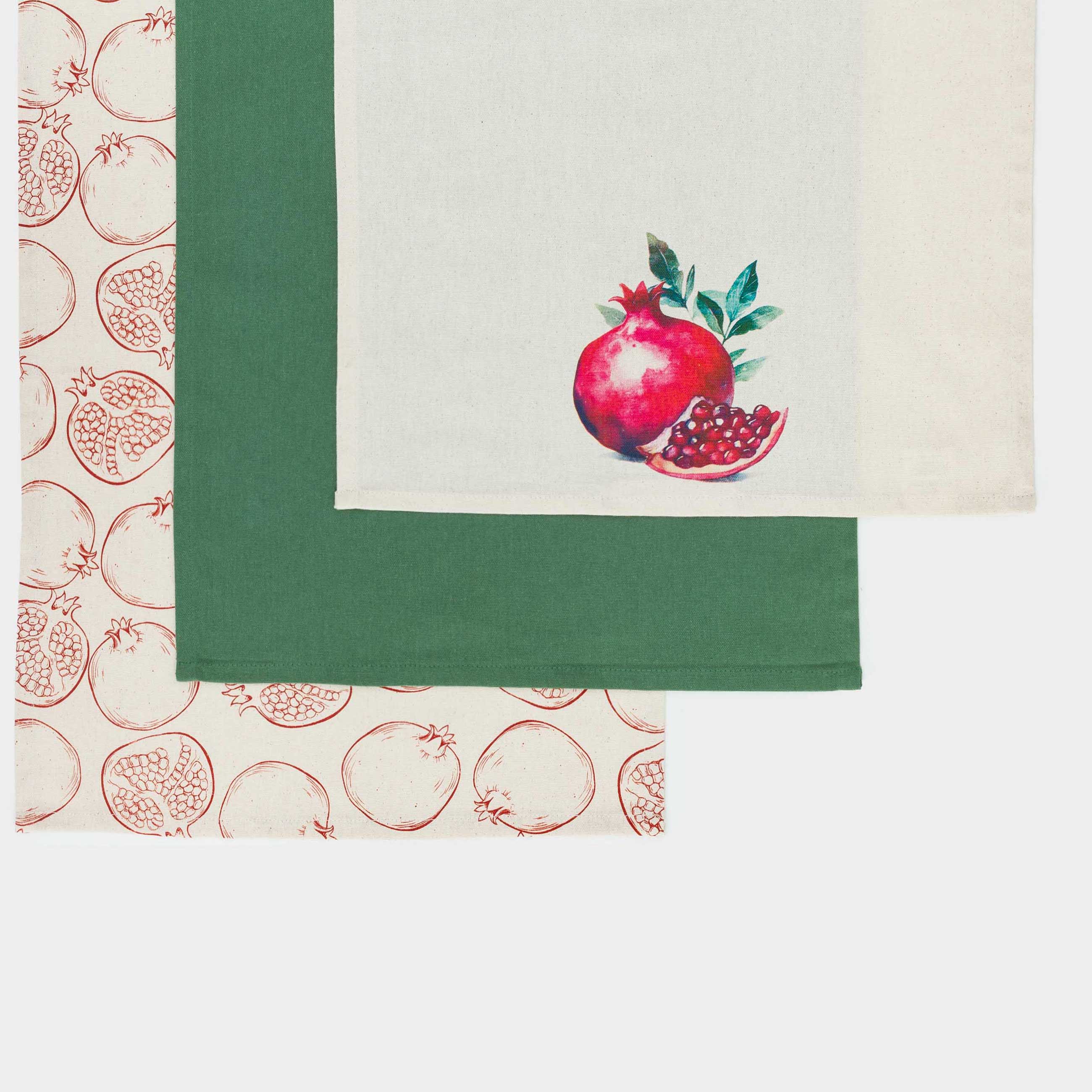 Полотенце кухонное, 40x60 см, 3 шт, хлопок, бежевое/зеленое, Гранаты, Pomegranate