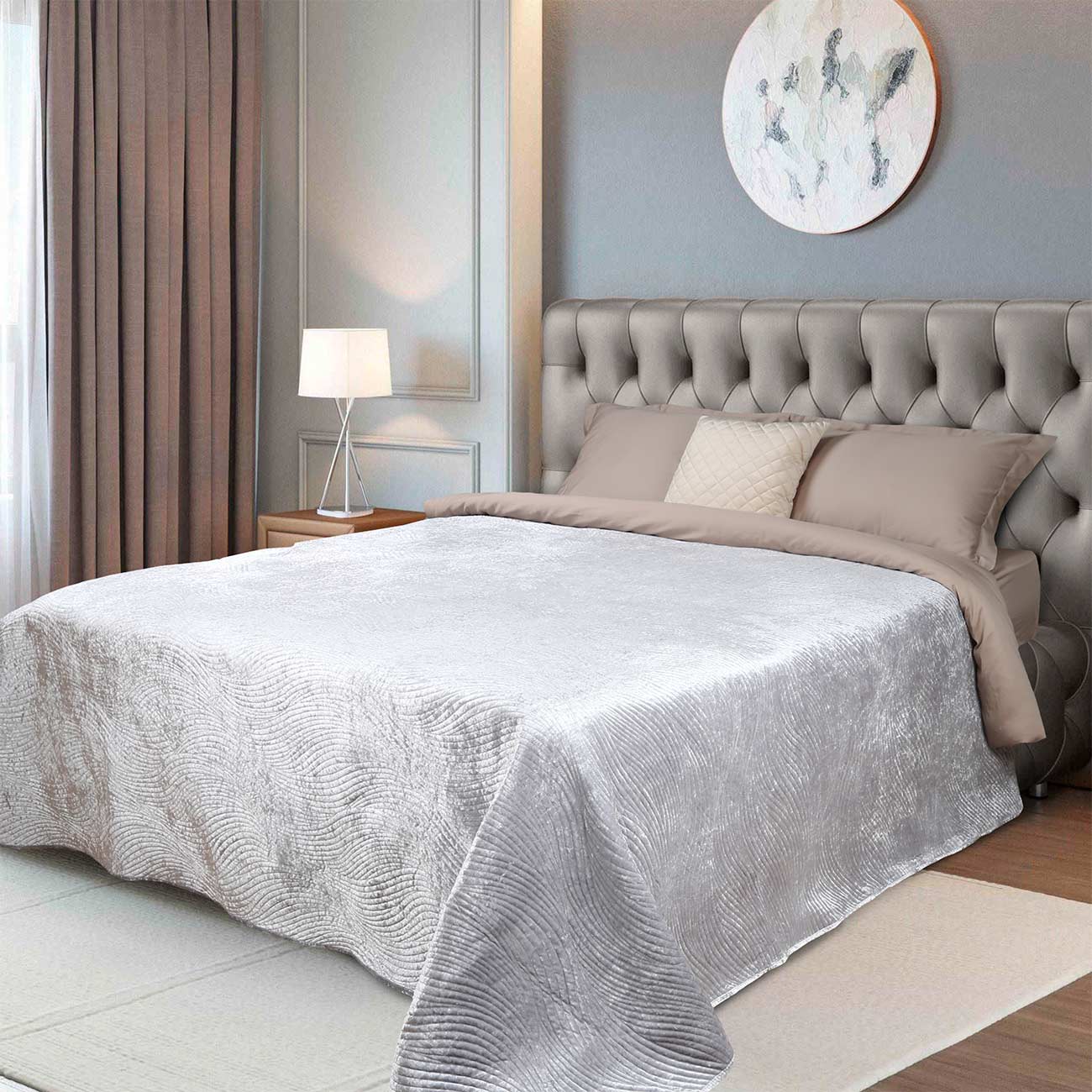 

Покрывало, 220х240 см, стеганое, вельвет/микрофибра, серое, Tanville, Stitch velvet