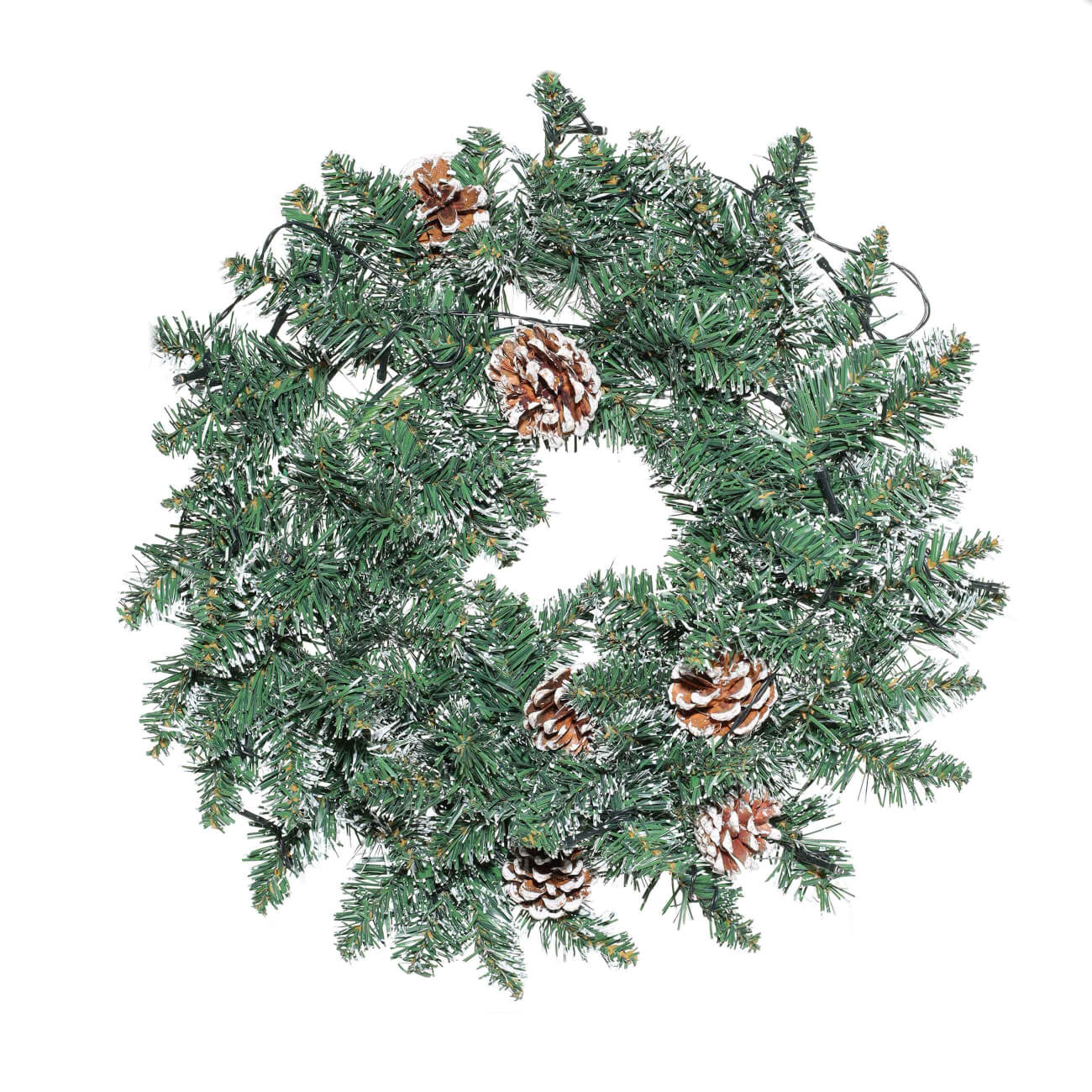 

Венок декоративный, 45 см, с подсветкой, пластик, Шишки и ветви, Conifer decor