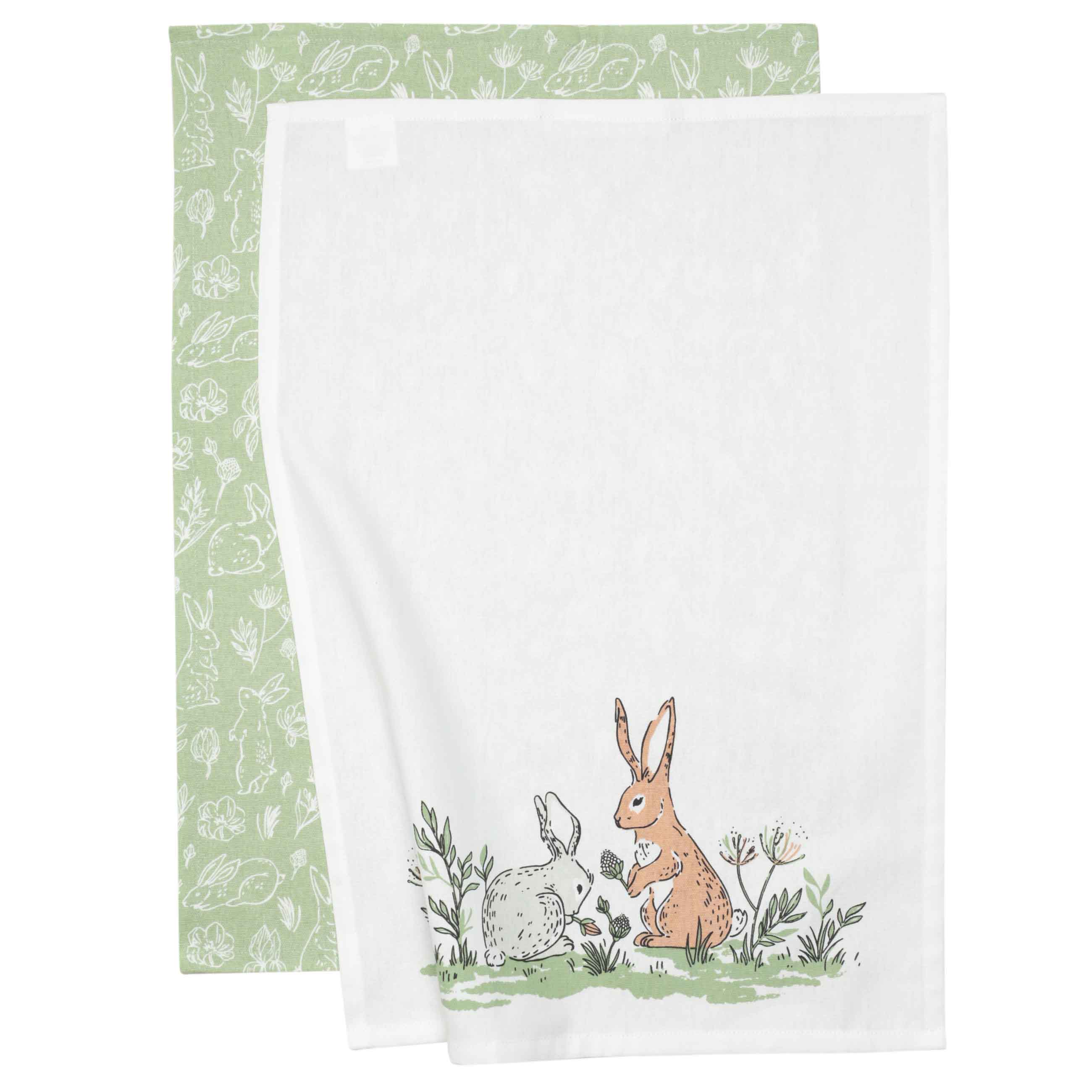 Полотенце кухонное, 40х60 см, 2 шт, хлопок, белое/зеленое, Кролики, Easter изображение № 2