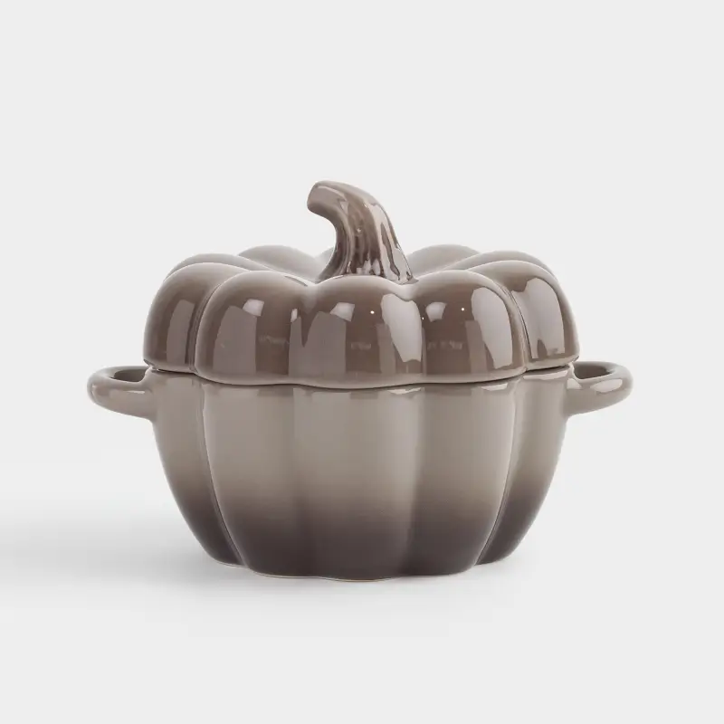 Кокотница, 11 см, 350 мл, с крышкой, керамика, серо-коричневая, Тыква, Gourd ,image-0
