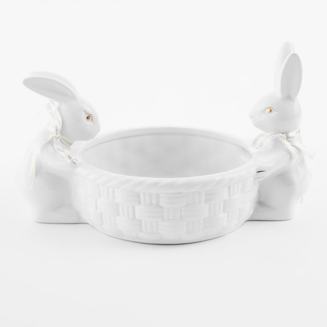 емкость для хранения 15х14 см 390 мл керамика белая кролики easter gold Конфетница, 28х16 см, керамика, бело-золотистая, Кролики с плетенной корзиной, Easter gold