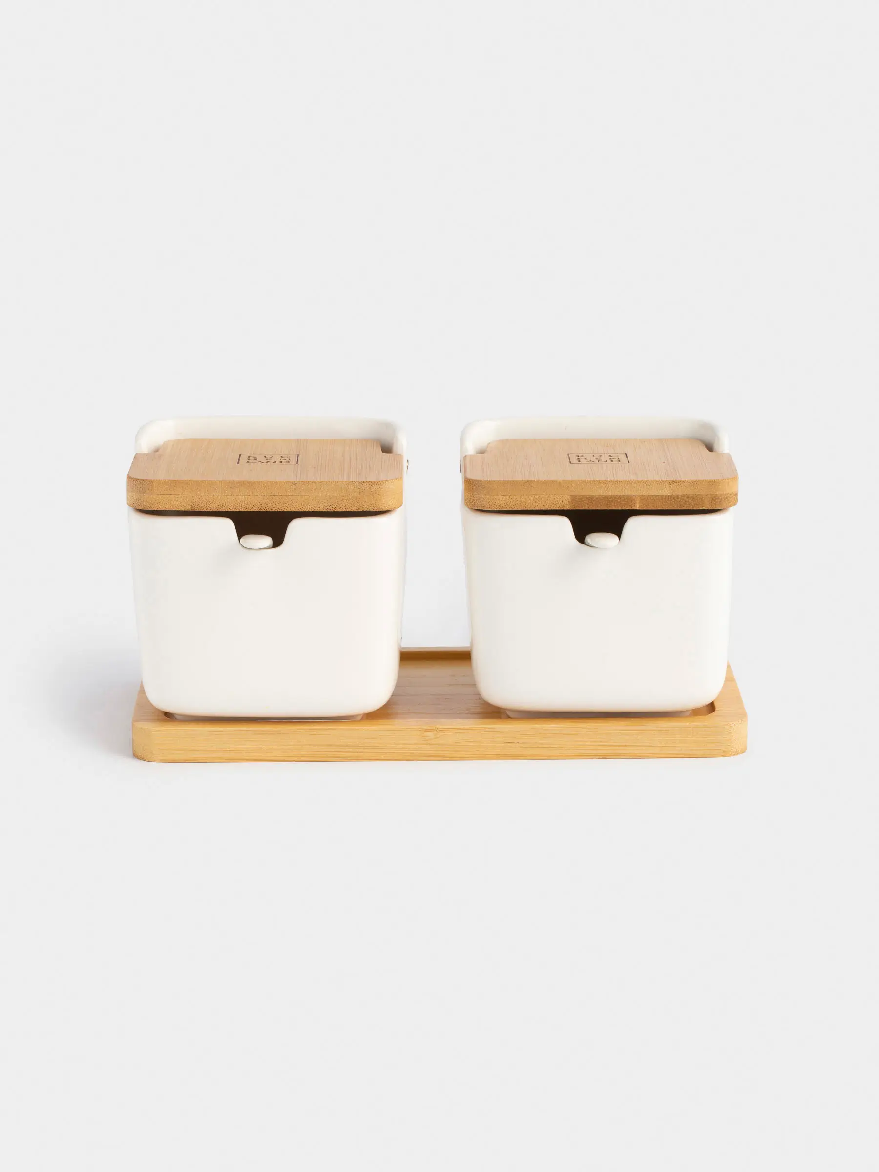 Банка для сыпучих продуктов, 250 мл, 2 шт, с ложками, на подставке, керамика/бамбук, белая, Keep, image-0