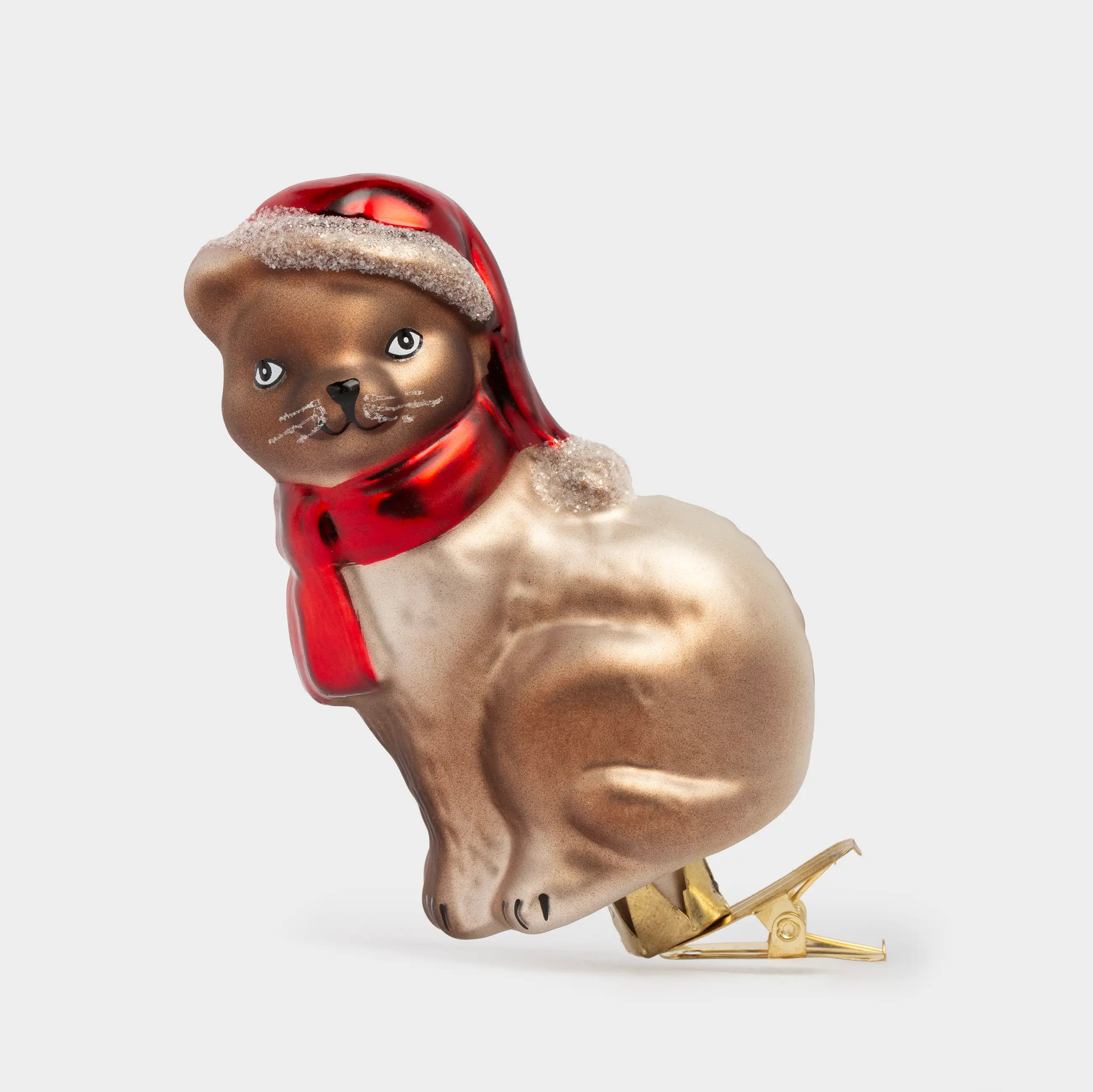Игрушка елочная, 9 см, на клипсе, стекло, бронзовая, Кот в шарфике, Figure christmas