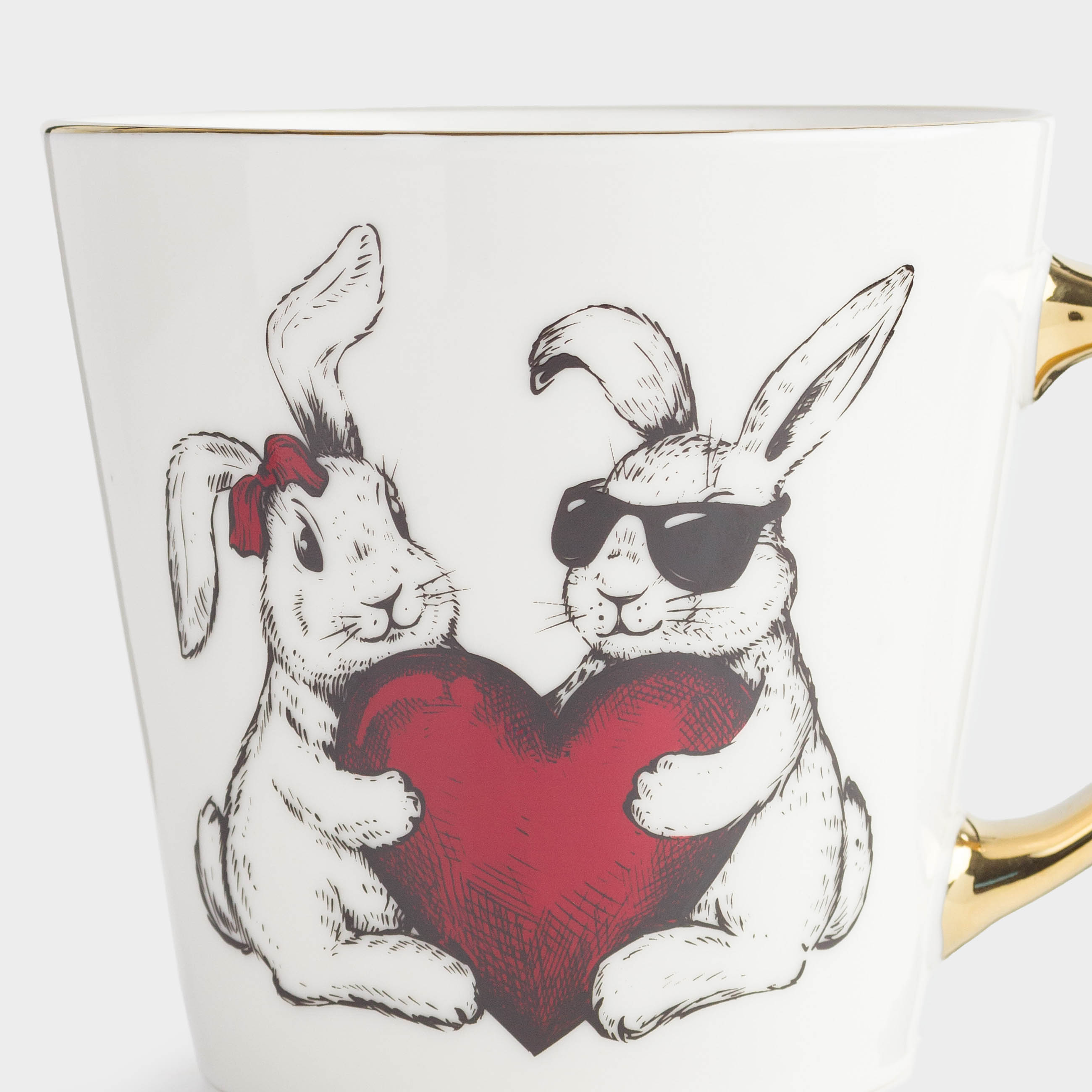 Кружка, 330 мл, фарфор N, бело-золотистая, Кролики и сердце, Rabbit amour, image-1