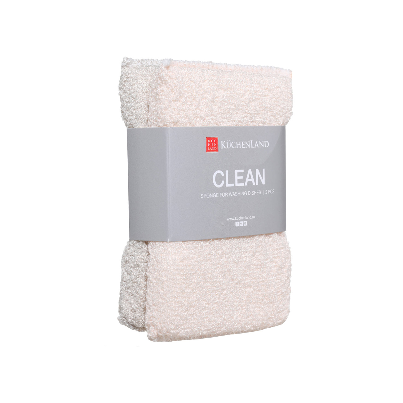 Губка для мытья посуды, 14х9 см, 2 шт, микрофибра/поролон, бежевая, Clean, image-1