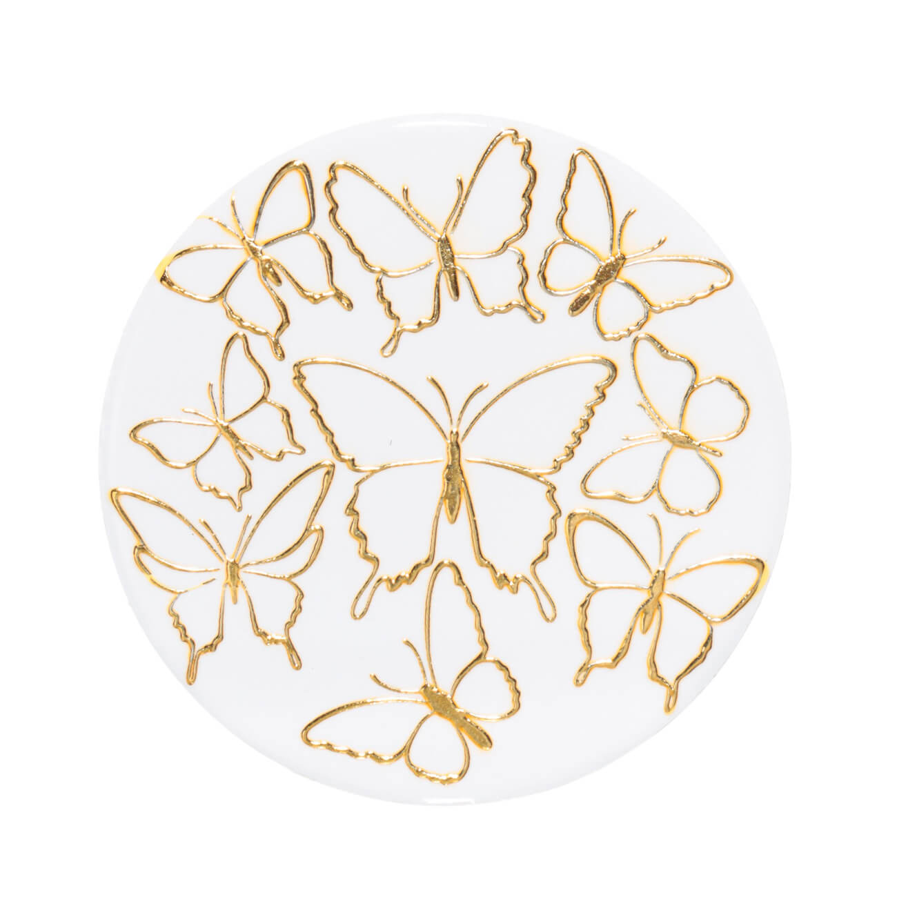 Подставка под кружку, 11 см, керамика/пробка, круглая, белая, Золотистые бабочки, Butterfly клетка шестиугольная бабочки 28х48см белая