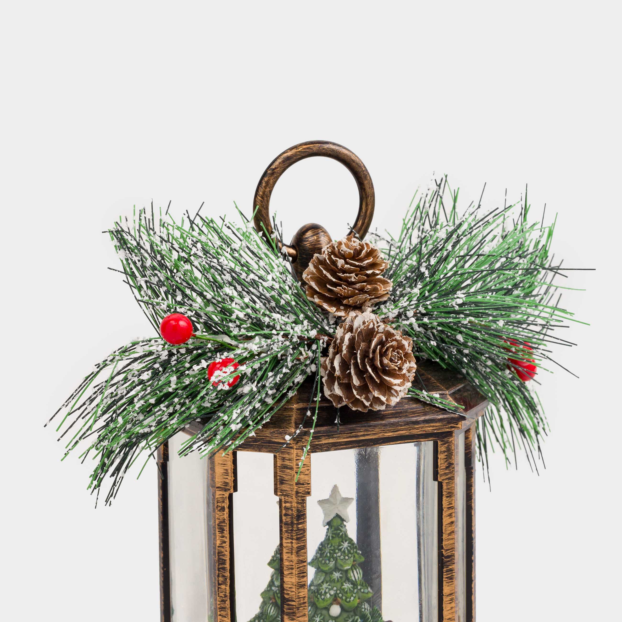 Снежный фонарь, 23 см, с подсветкой, пластик, бронзовый, Машина у елки, Bronze style