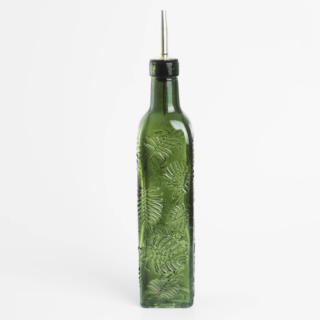 Бутылка для масла или уксуса, 500 мл, с дозатором, стекло Р/металл, зеленая, Монстера, Tropical leaves