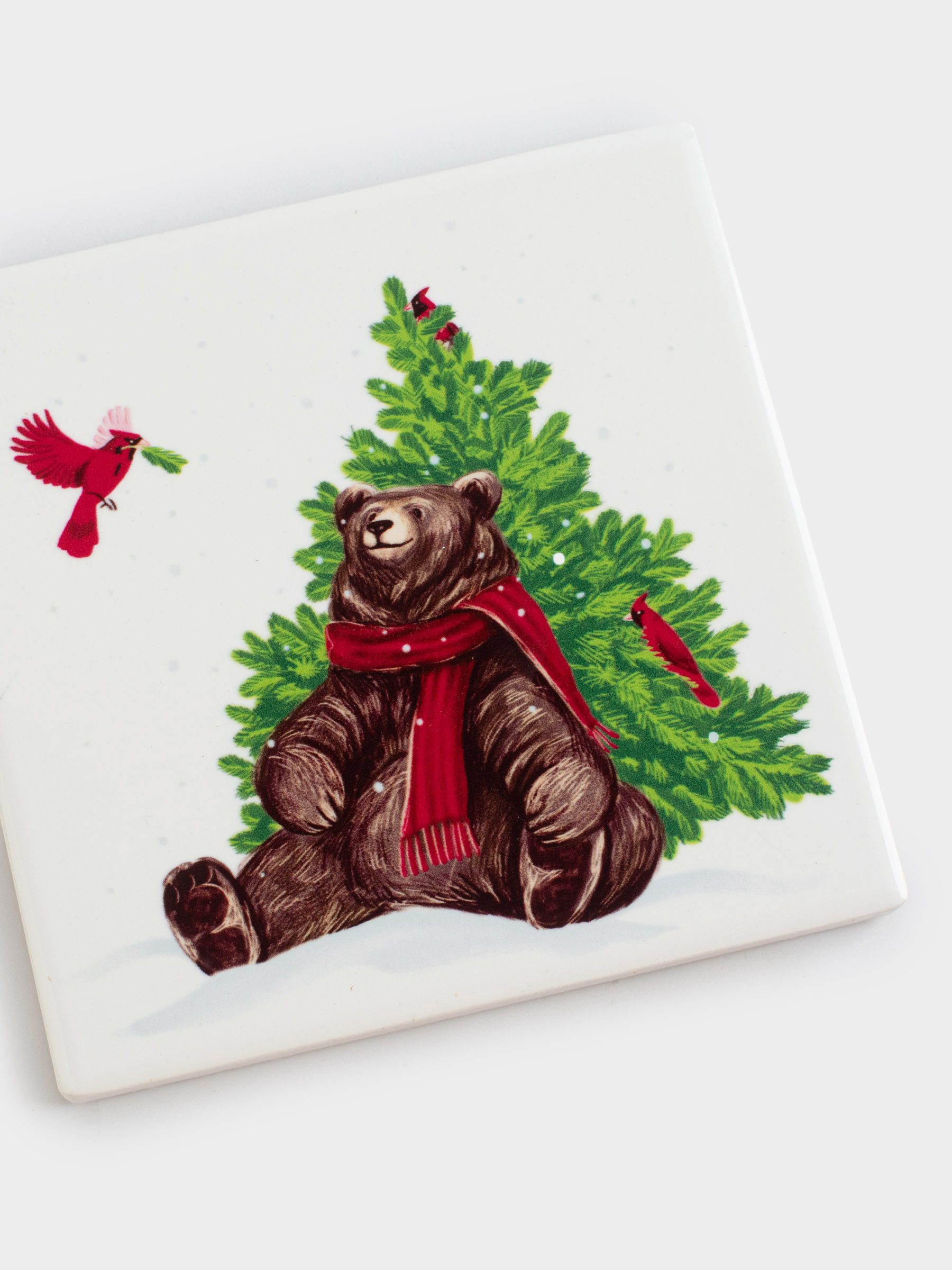 Подставка под кружку, 11х11 см, квадратная, керамика/пробка, Мишка под елкой, Christmas bear, image-3