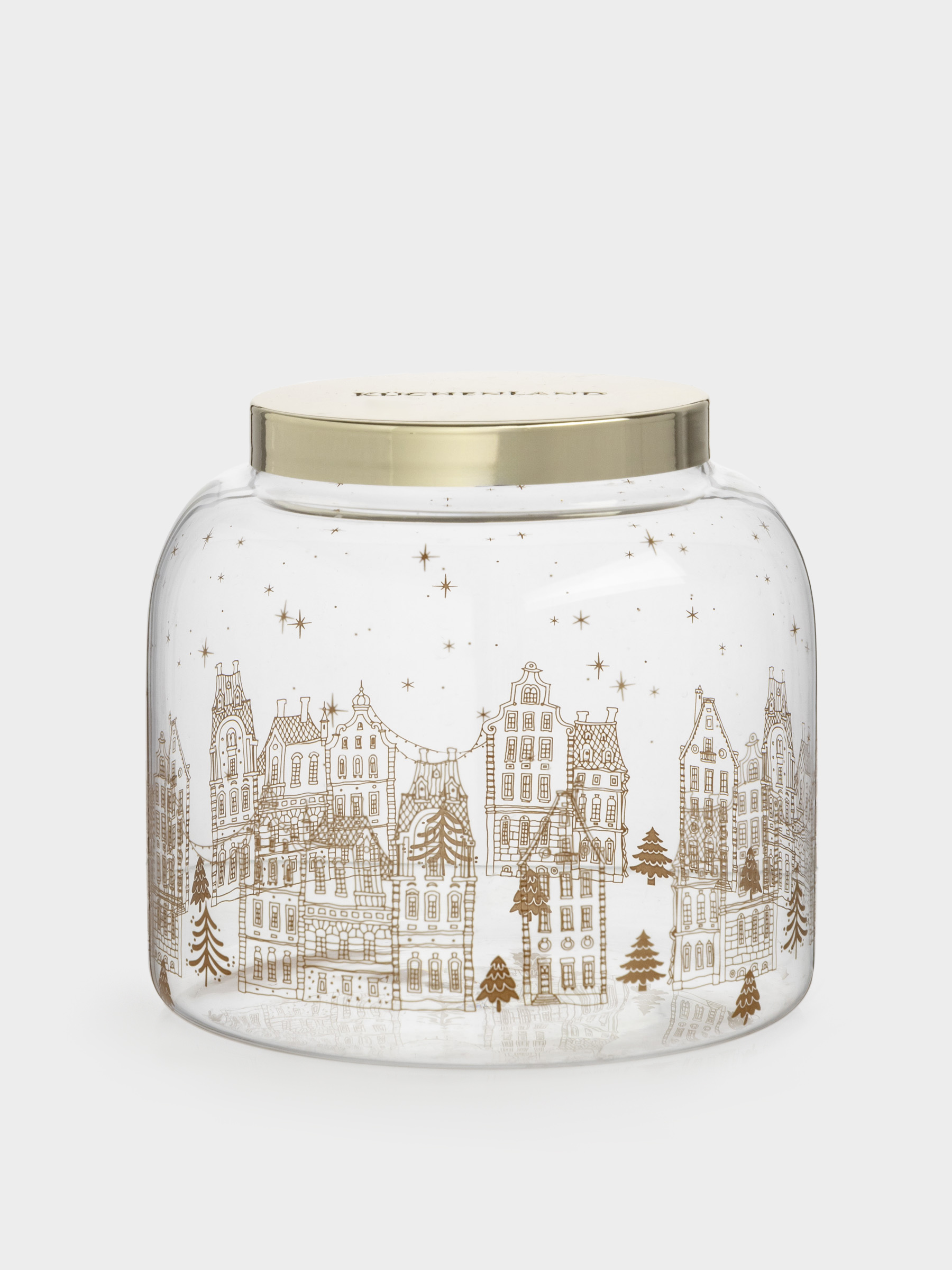 Банка для сыпучих продуктов, 950 мл, стекло/металл, Золотистые домики, Snow sparks, image-0