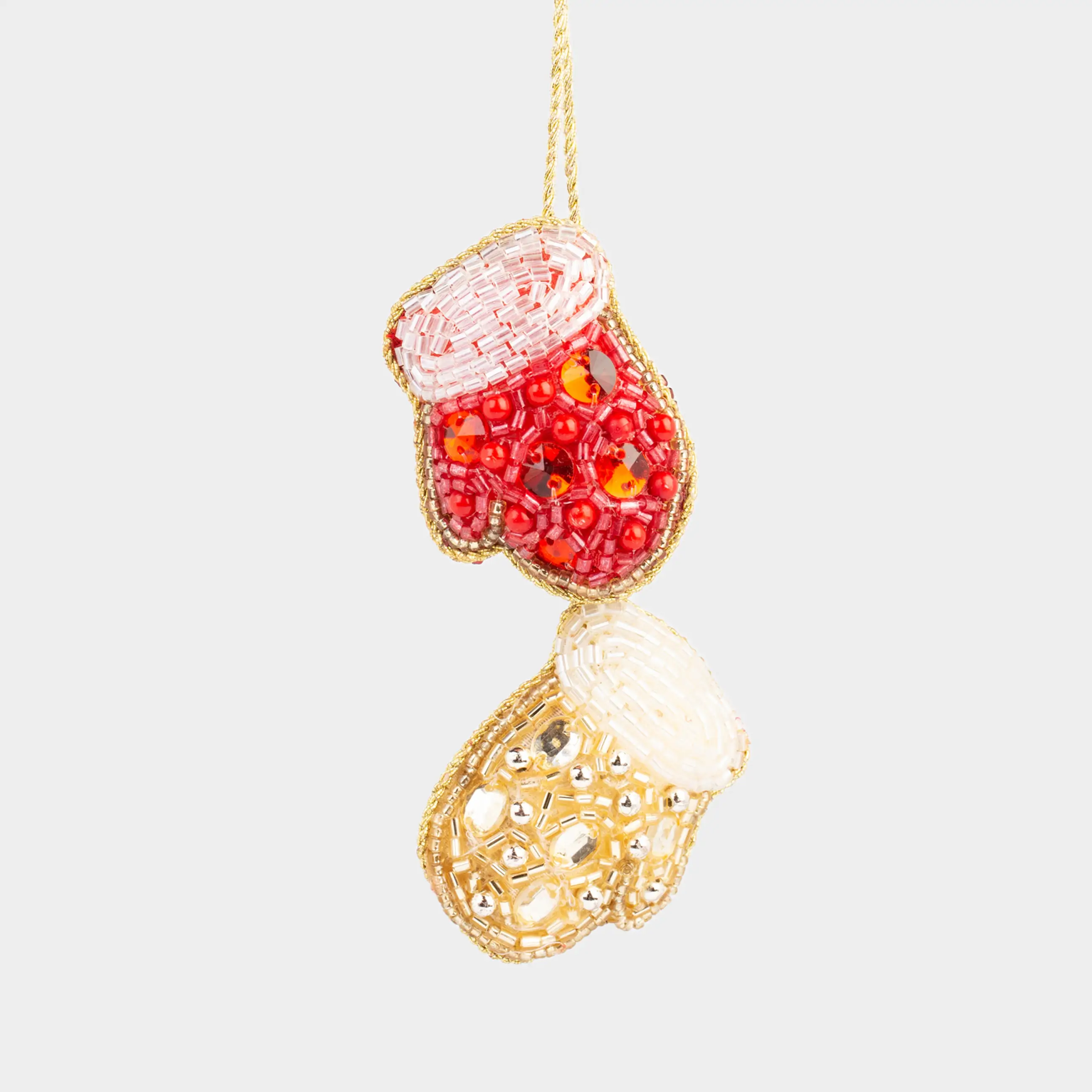 Игрушка елочная, 5 см, бисер, золотисто-красная, Варежки, Beads figure