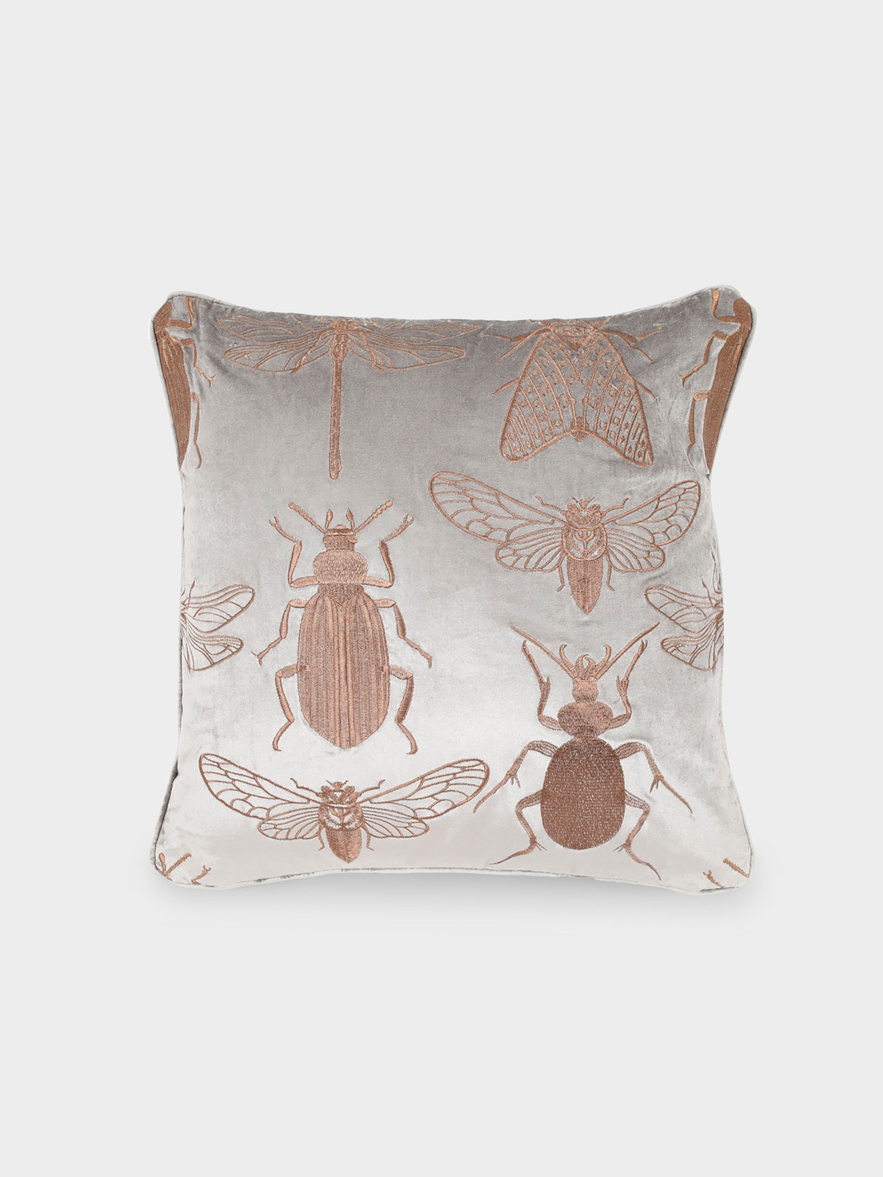 Подушка декоративная, 50х50 см, вельвет, бежево-серая, Жуки, Bugs, image-1