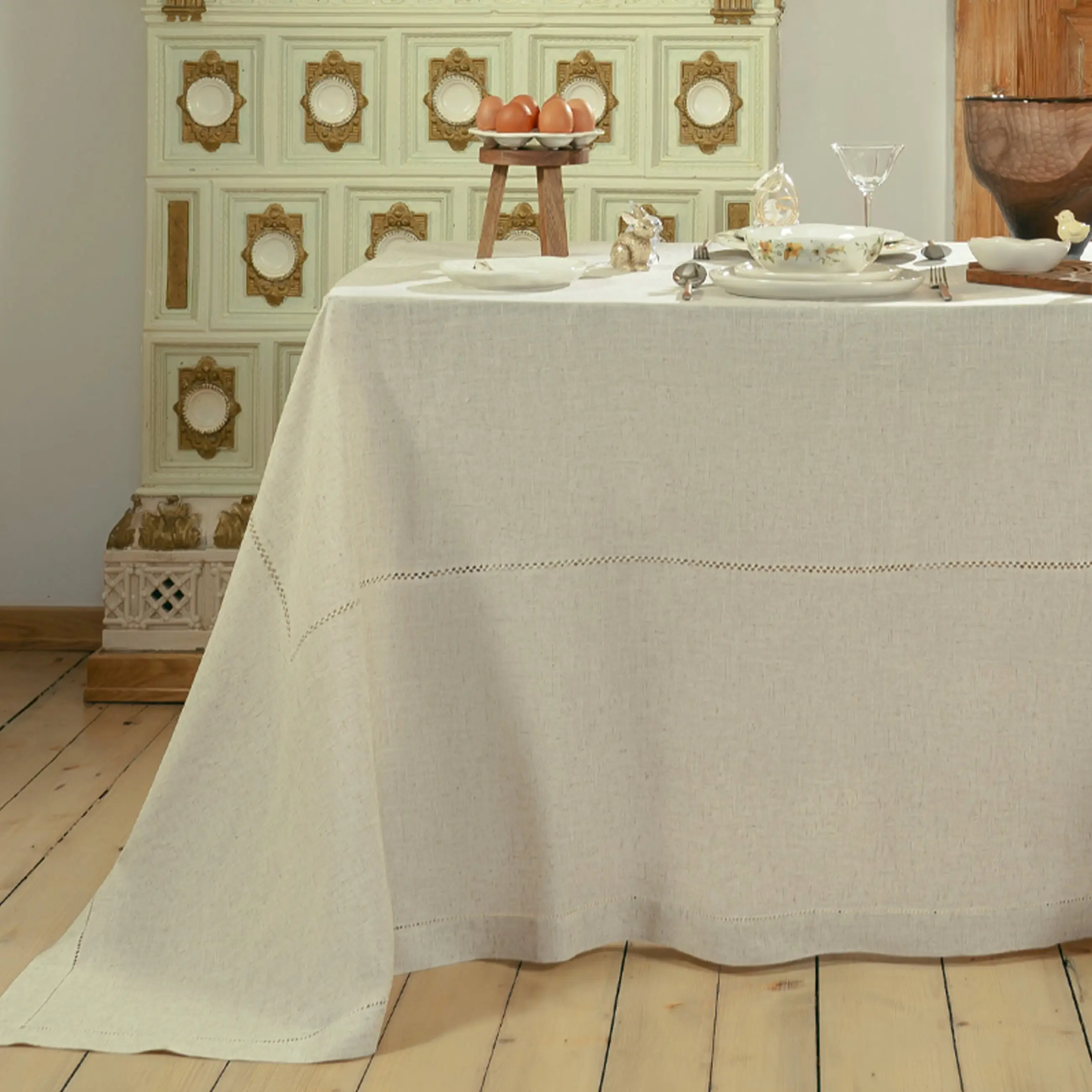 Скатерть, 170х250 см, полиэстер/лен, бежевая, Hemstitch