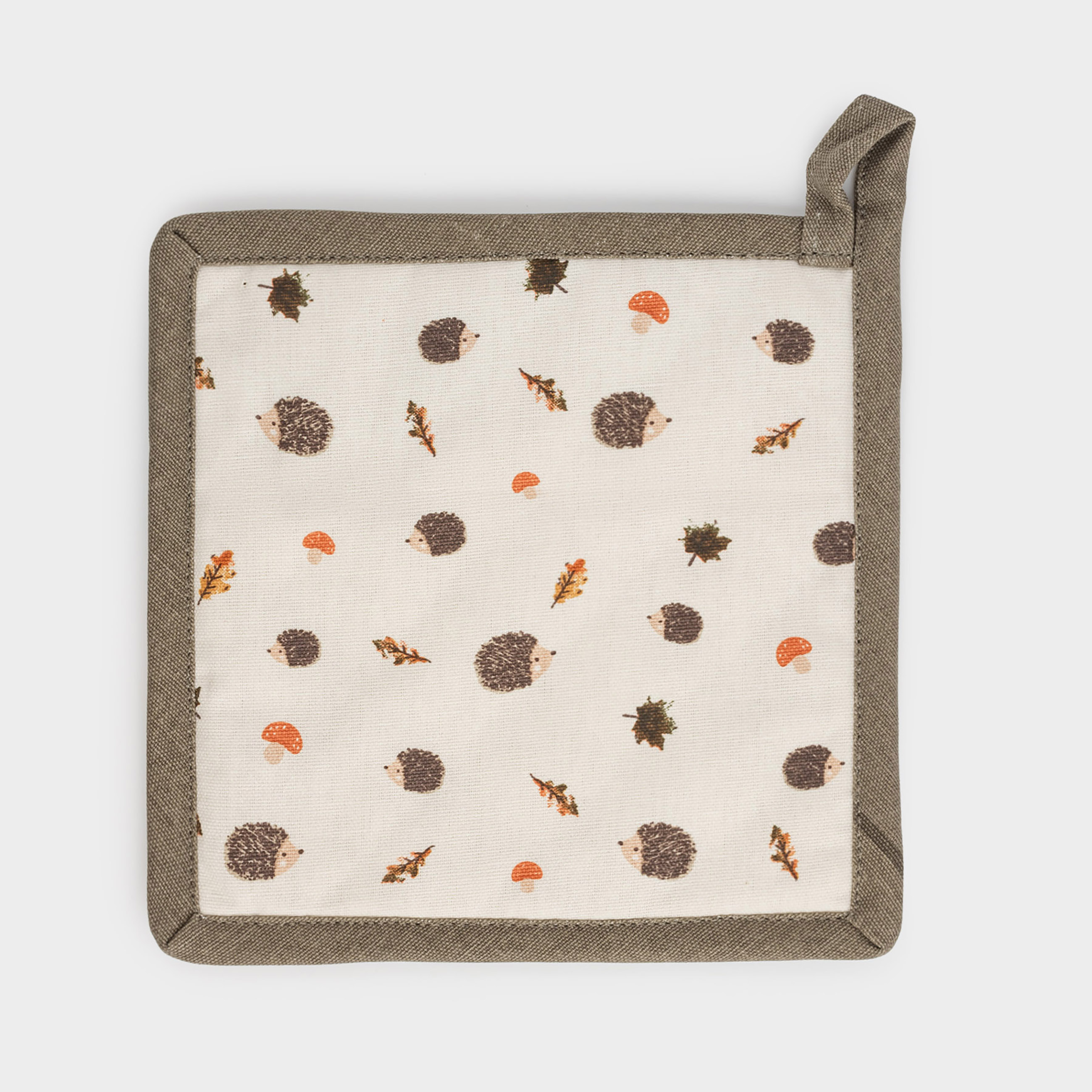 Прихватка 20х20 см хлопок квадратная бежевая Ежи листья и грибы Autumn hedgehog 399₽