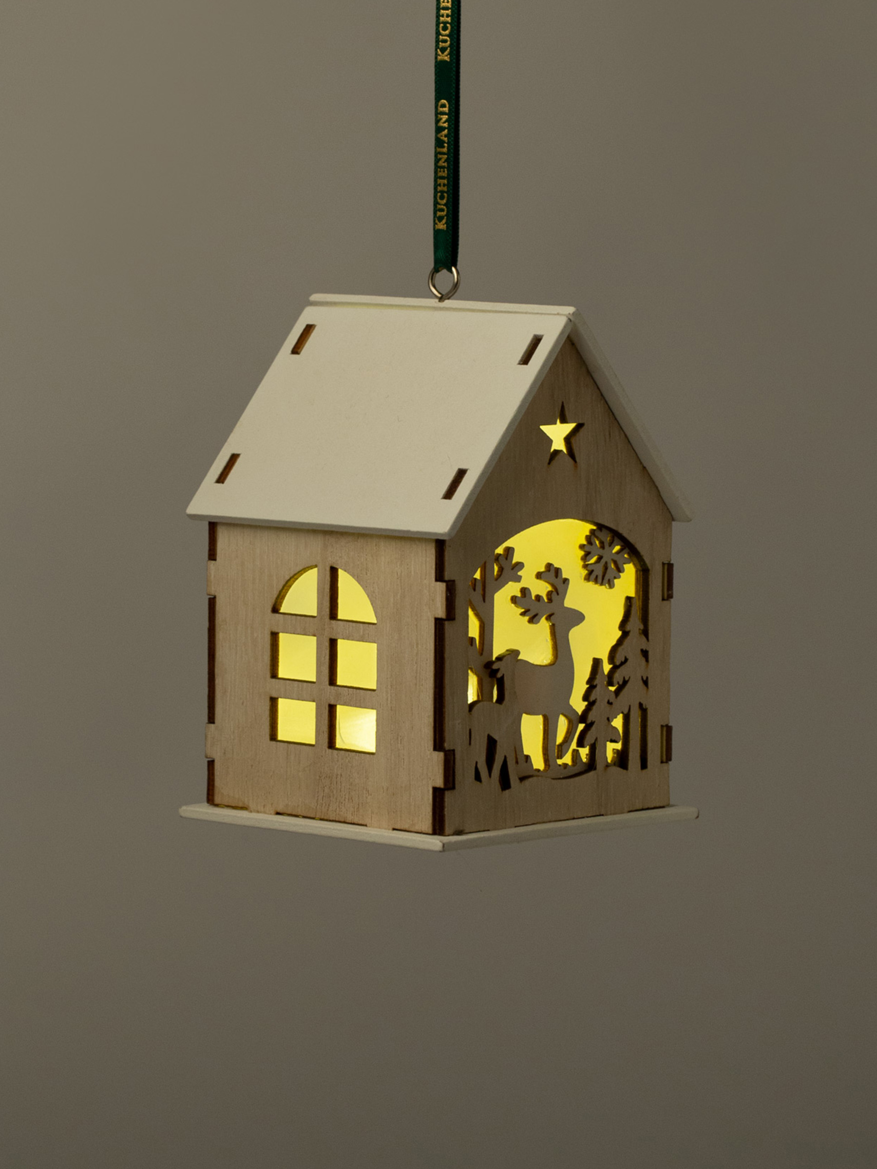 Игрушка елочная, 11 см, с подсветкой, МДФ, бежевая, Домик с оленями, Figure wood, image-0