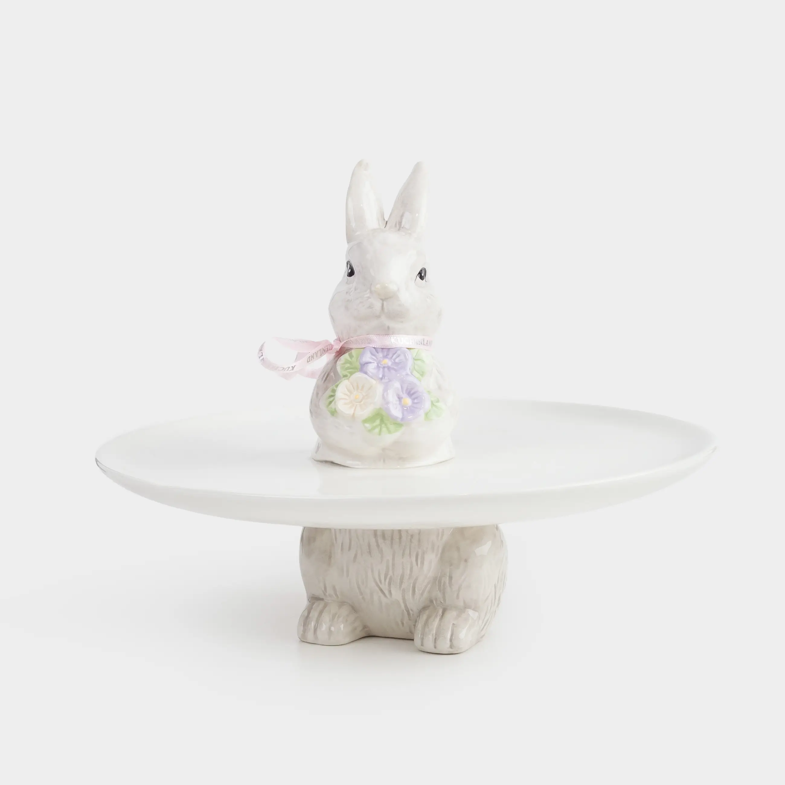 Блюдо на ножке, 24х18 см, керамика, бело-серое, Кролик с букетом цветов, Easter