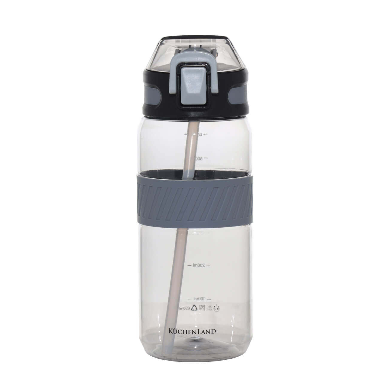 Бутылка для воды, 650 мл, с трубочкой, пластик/силикон, серая, Sport