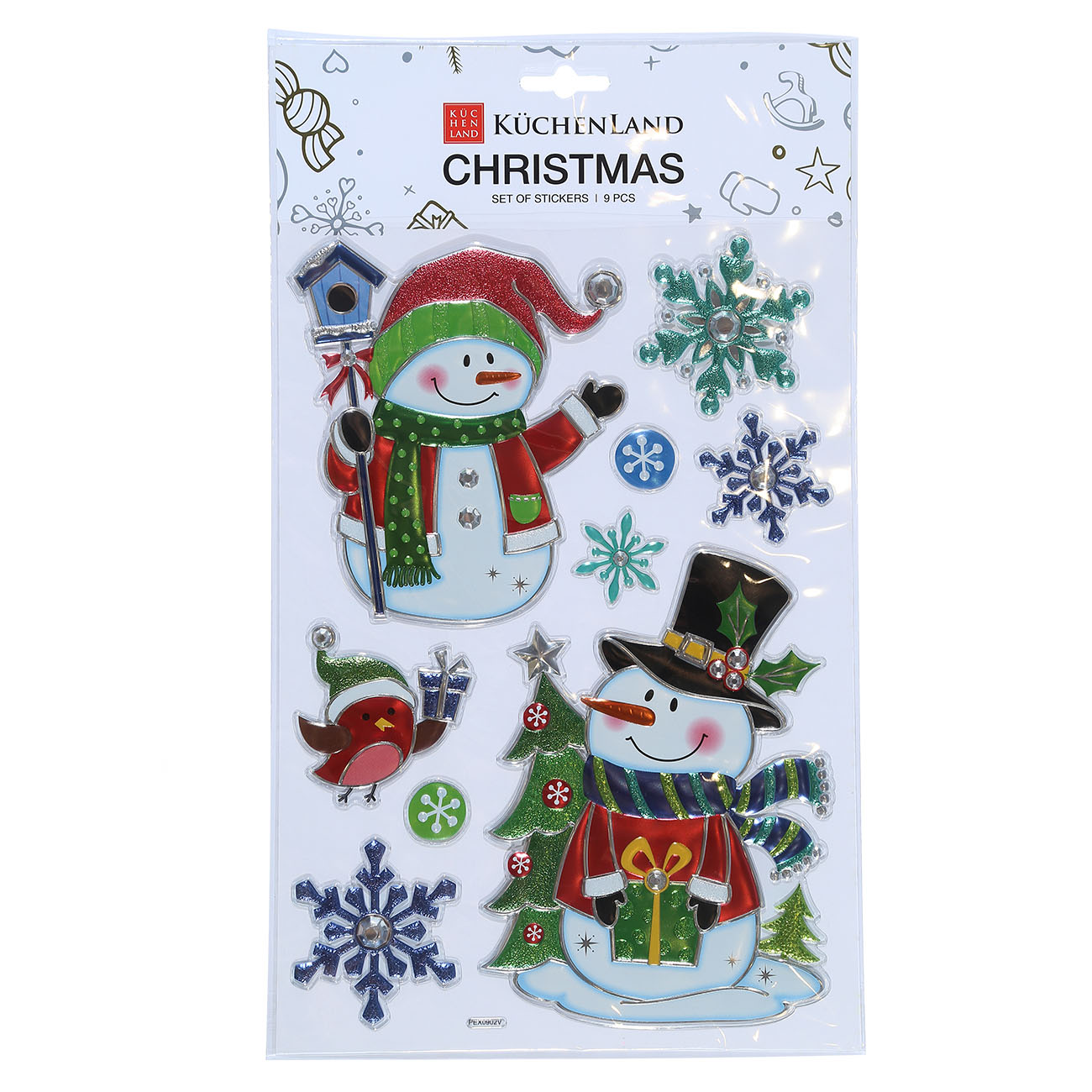 

Набор наклеек, 37х22 см, 9 шт, одноразовые, ПВХ/фольга, Снеговики, Christmas