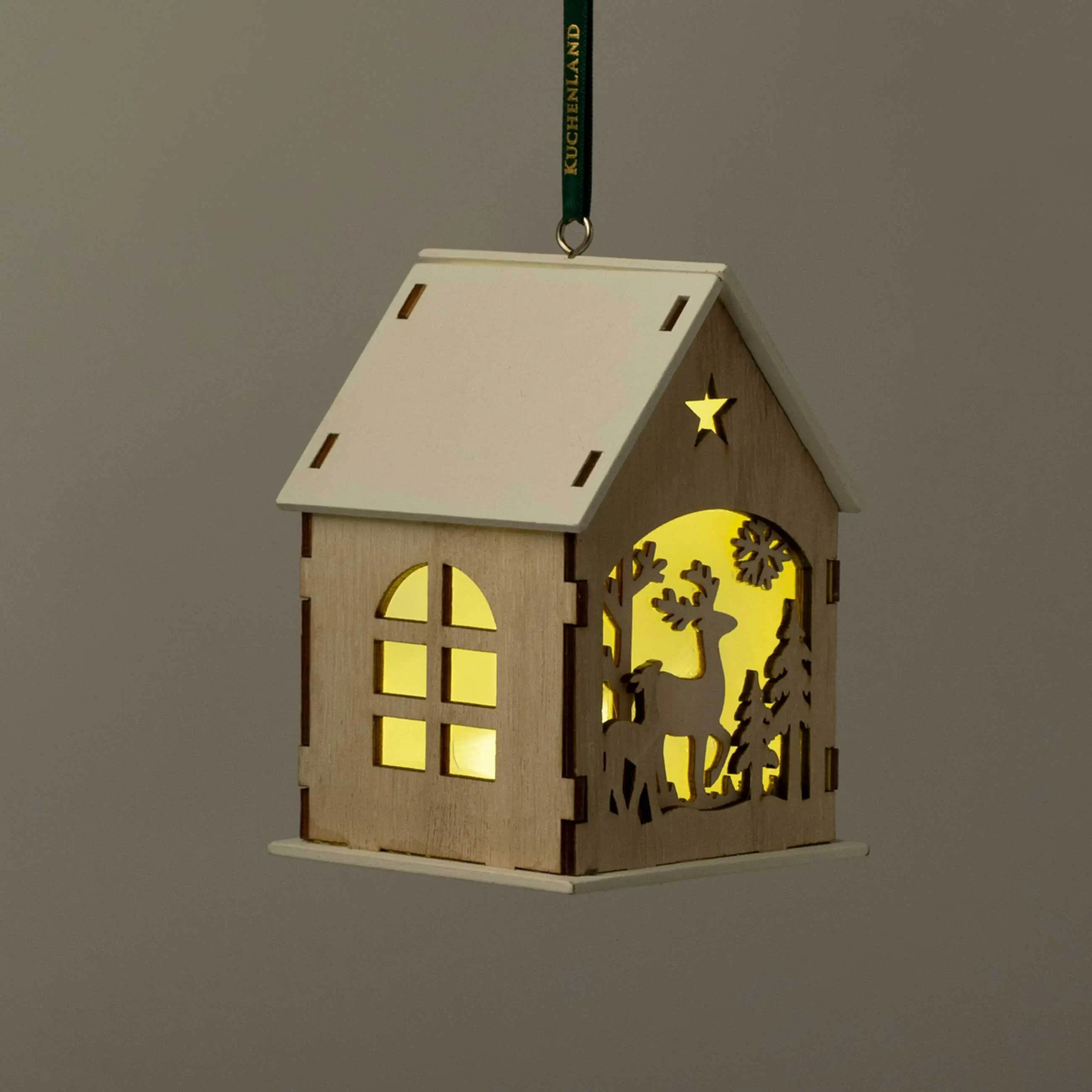 Игрушка елочная, 11 см, с подсветкой, МДФ, бежевая, Домик с оленями, Figure wood