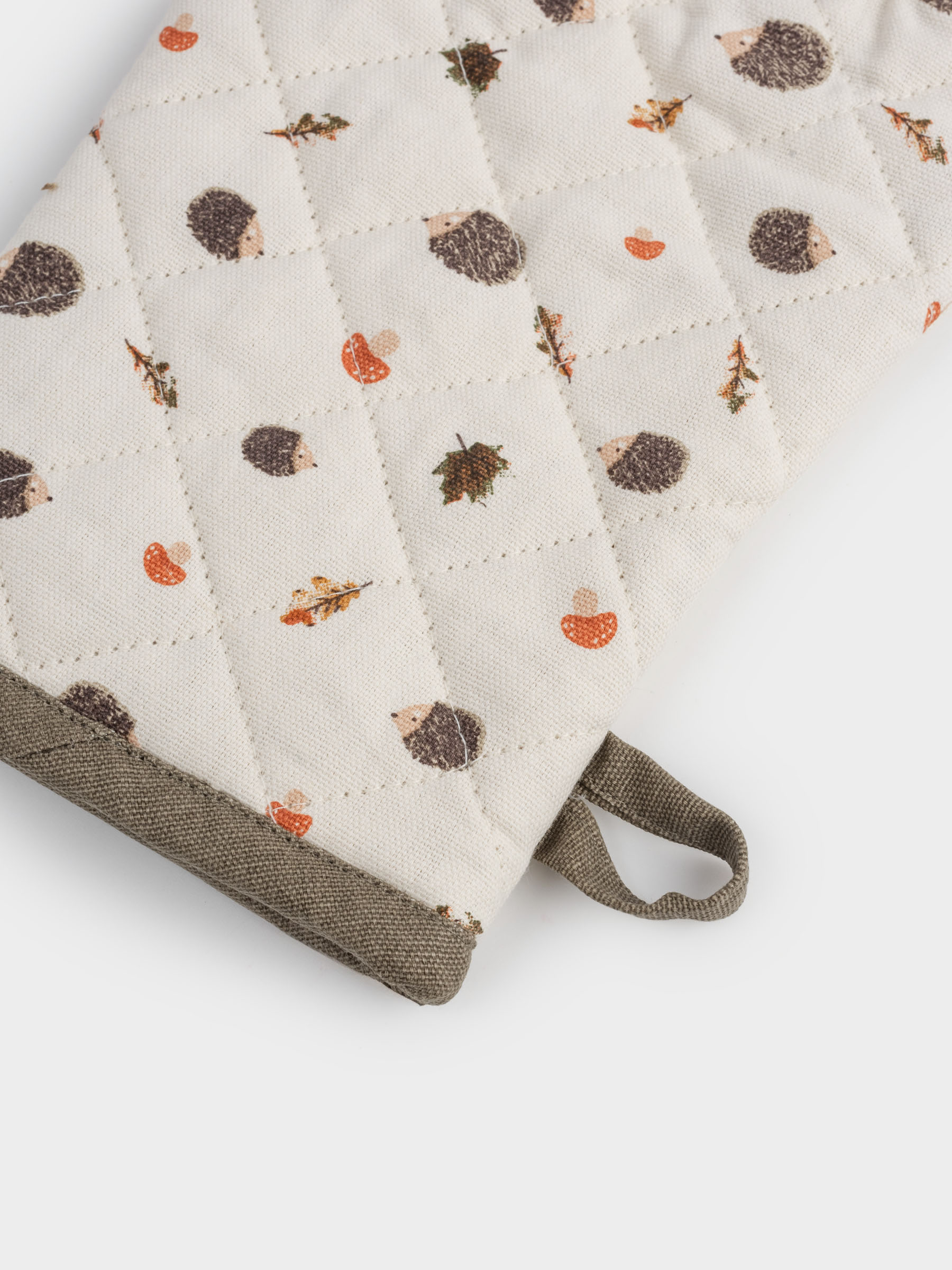 Прихватка-варежка, 17х33 см, хлопок, бежевая, Ежи, листья и грибы, Autumn hedgehog, image-1