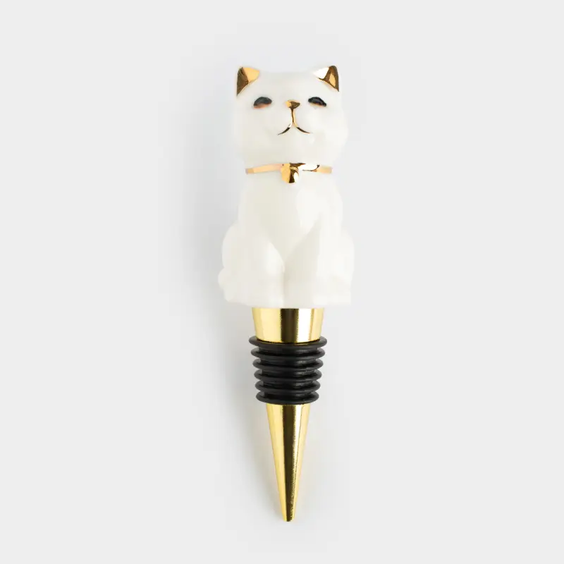 Пробка для винной бутылки, 13 см, сталь/фарфор P, бело-золотистая, Кошка, Cat ,image-0