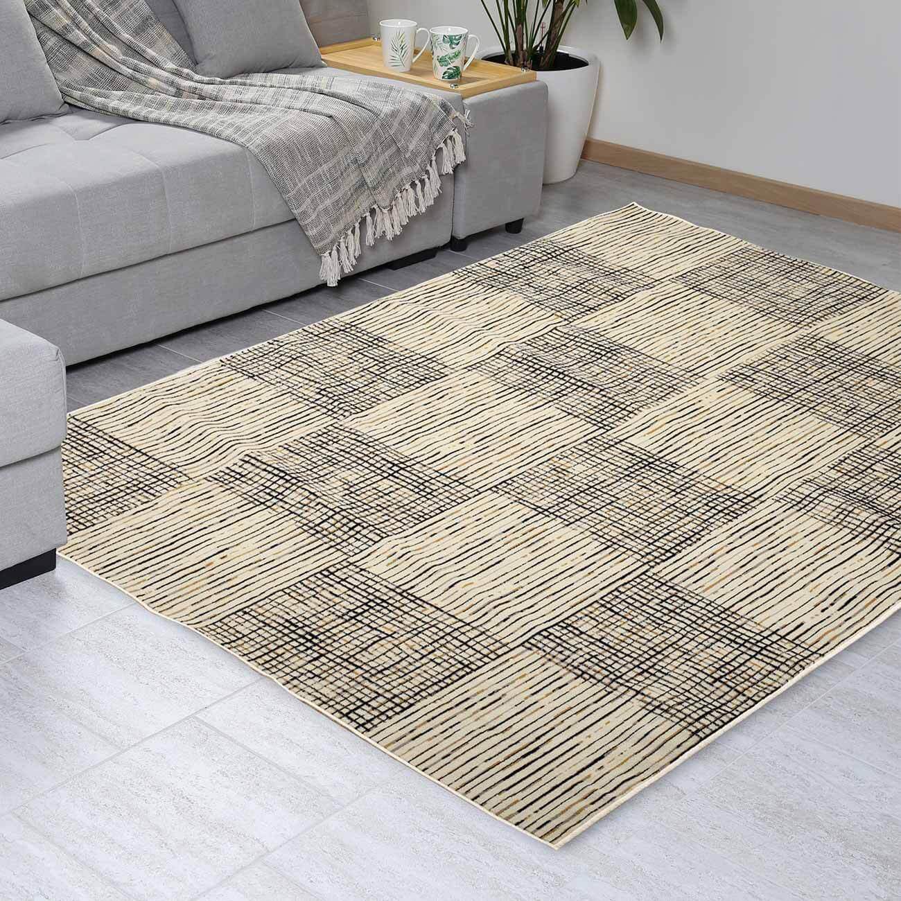 

Ковер, 150х210 см, полиэстер/хлопок, бежевый, Черные полоски, Cage pattern