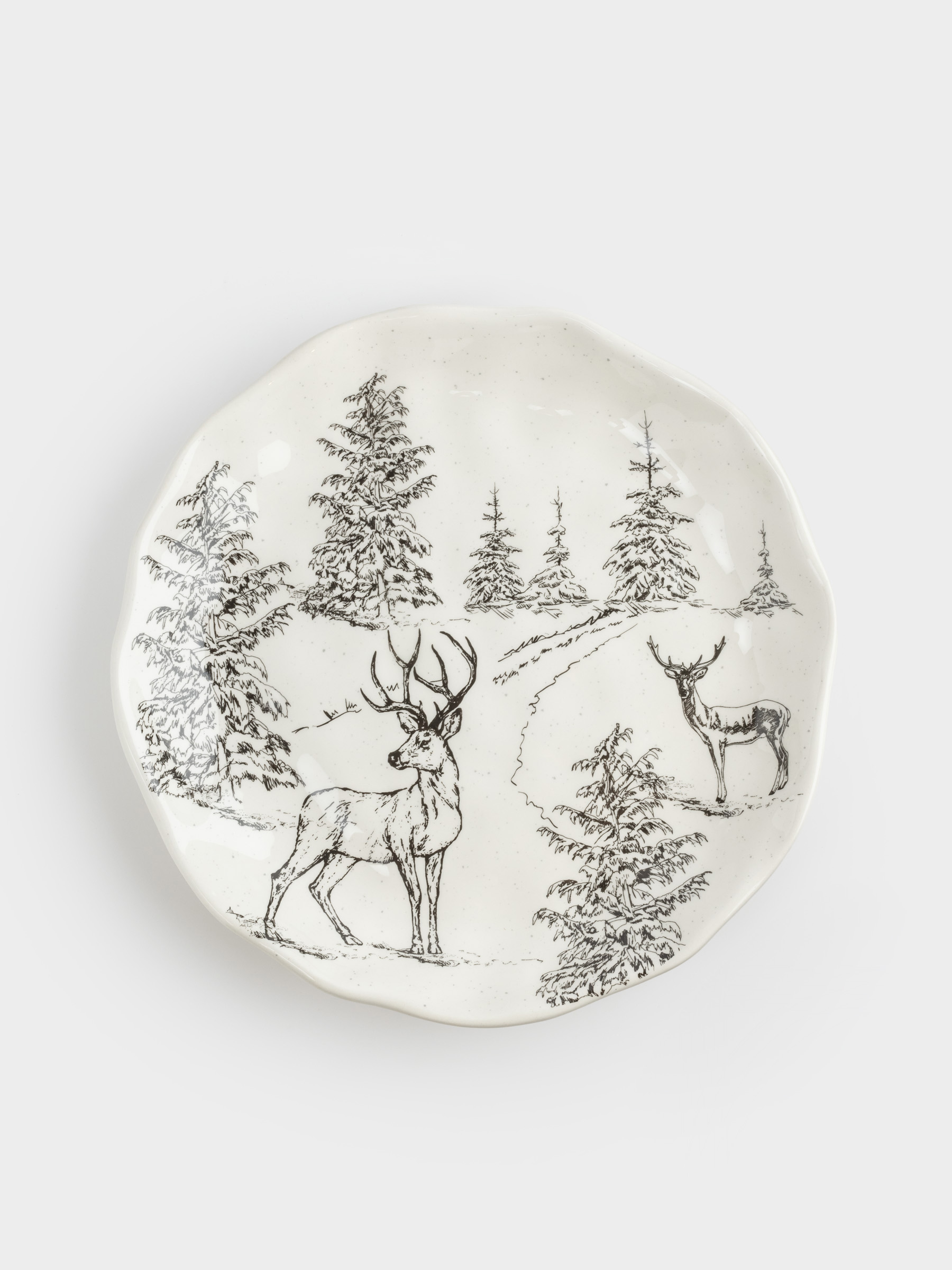 Тарелка закусочная, 23 см, керамика, белая, Олени в лесу, Crumple print, image-0
