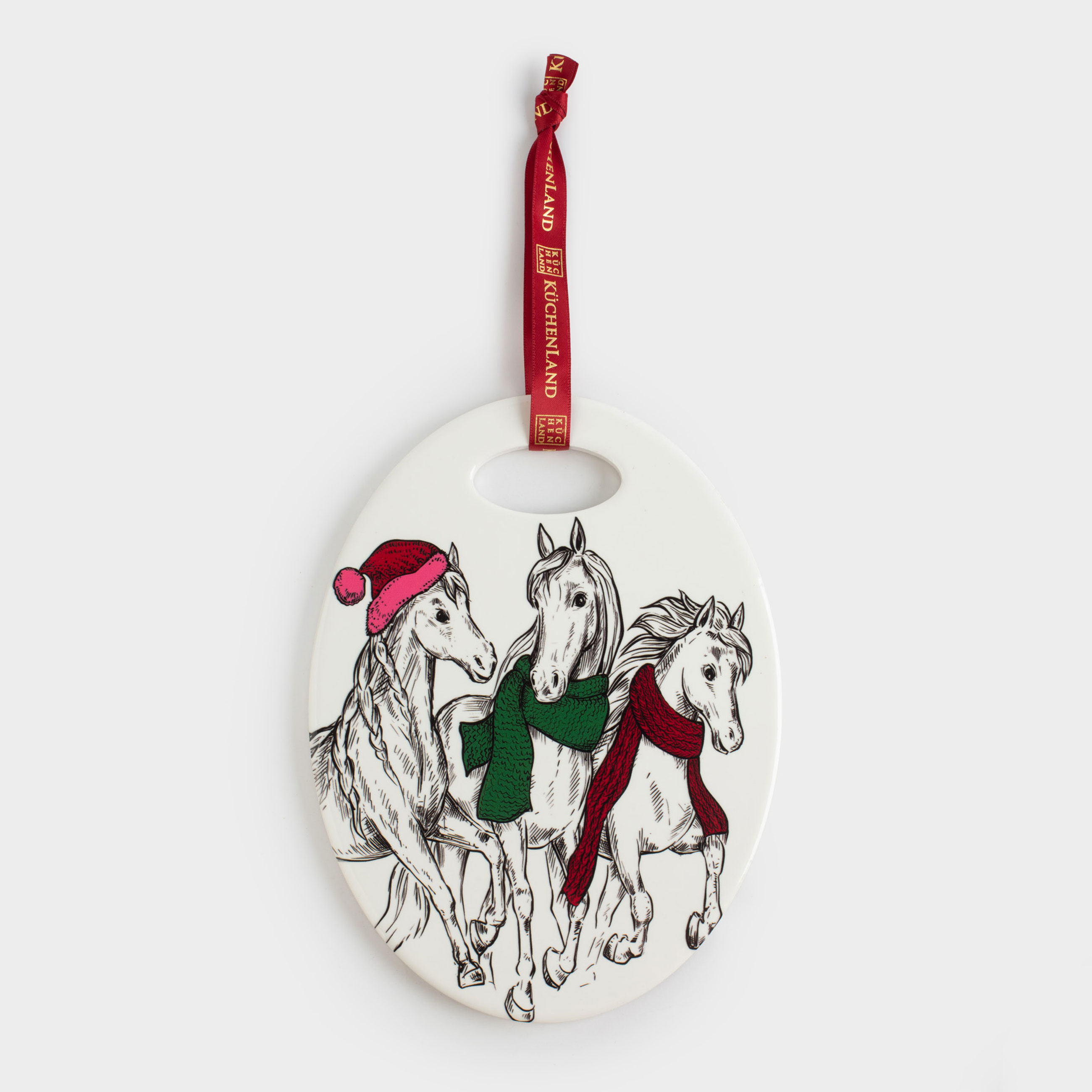 Подставка под горячее 15x20 см керамикапробка овальная белая Лошади в шарфах Horse trio 599₽