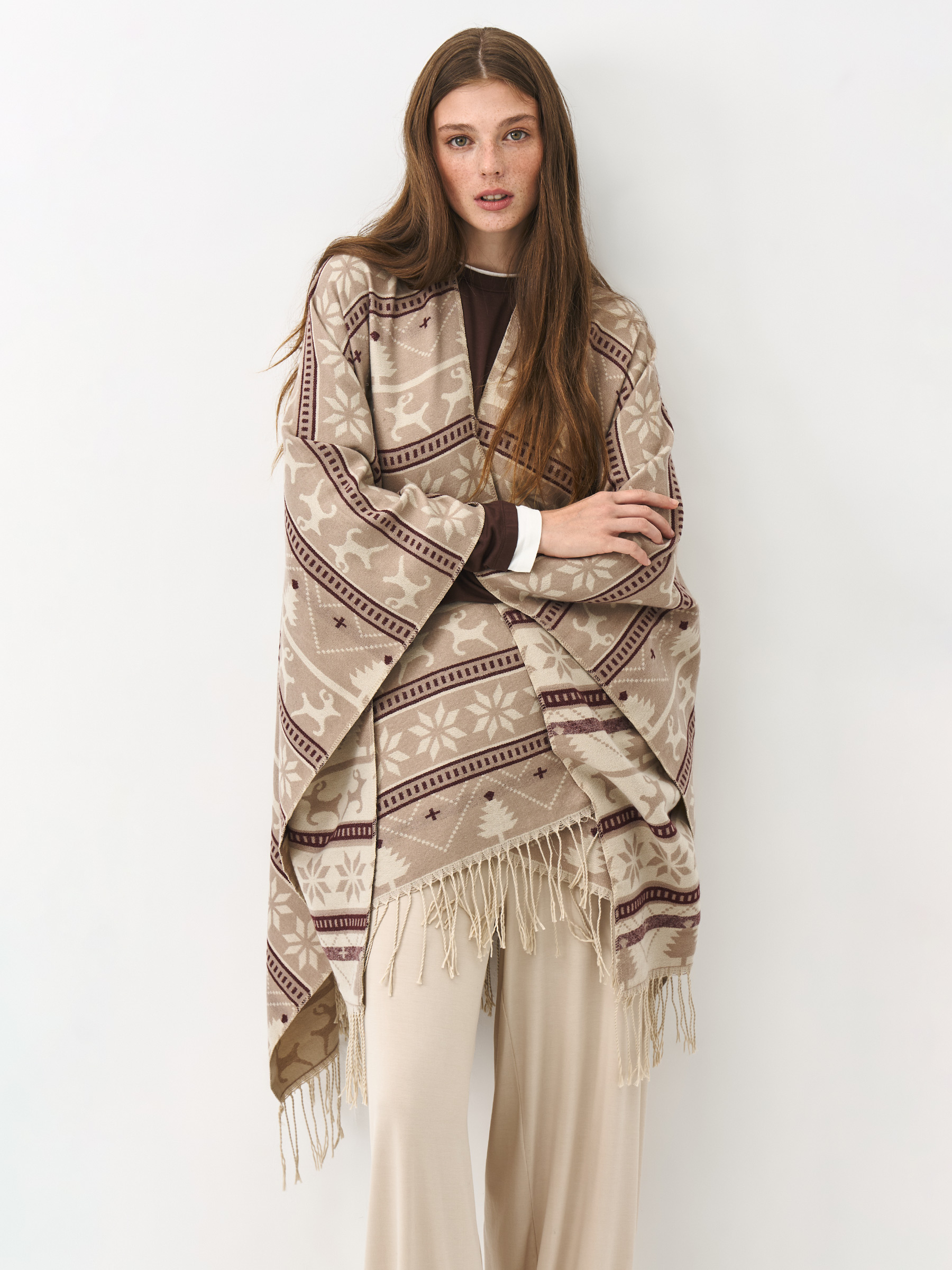 Пончо с бахромой, бежевое, Poncho, image-1