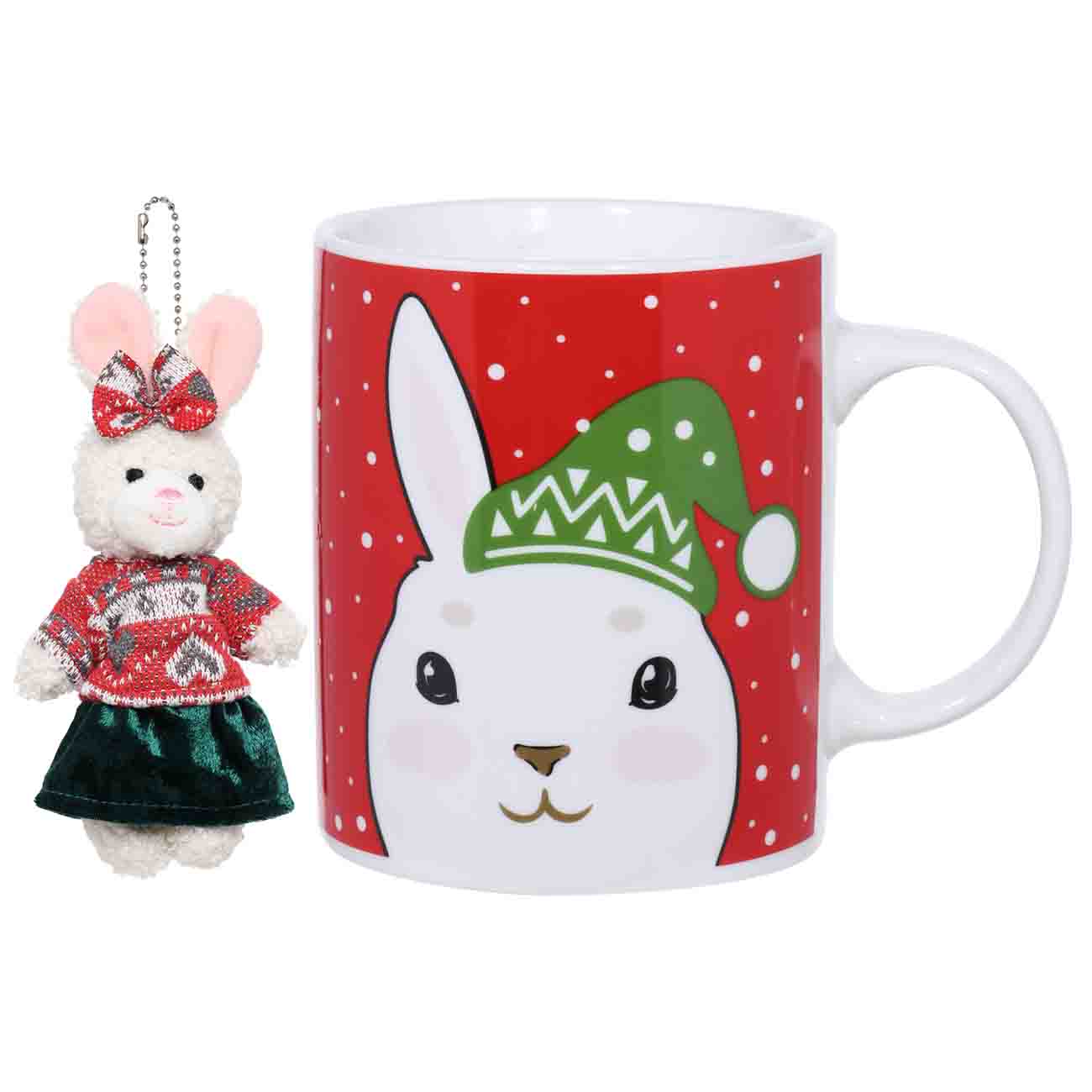 

Кружка, 350 мл, с брелоком, фарфор N/полиэстер, красная, Кролик в шапке, Rabbit