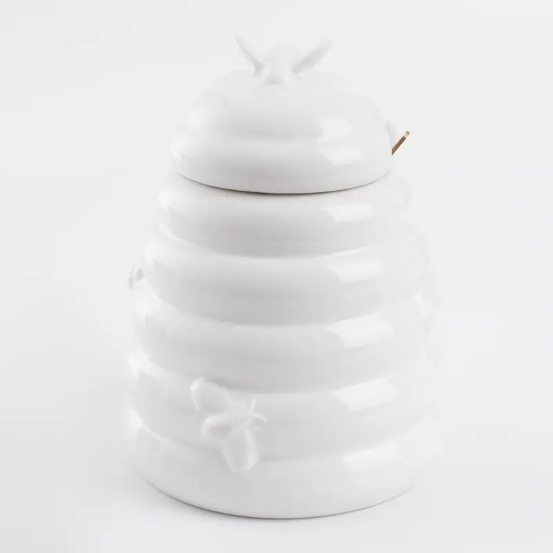Банка для меда, 650 мл, с ложкой, керамика/сталь, молочная, Пчелы, Honey ,image-0
