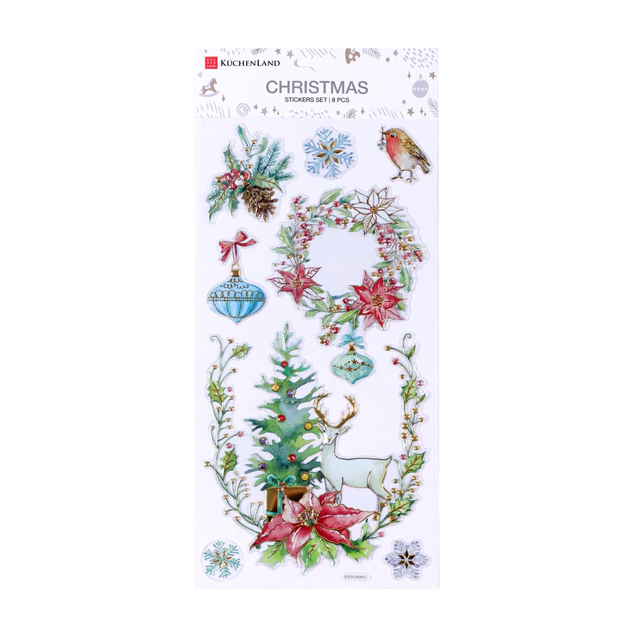 

Набор наклеек, 40х19 см, 8 шт, одноразовые, ПВХ/фольга, Олень с елкой, Christmas