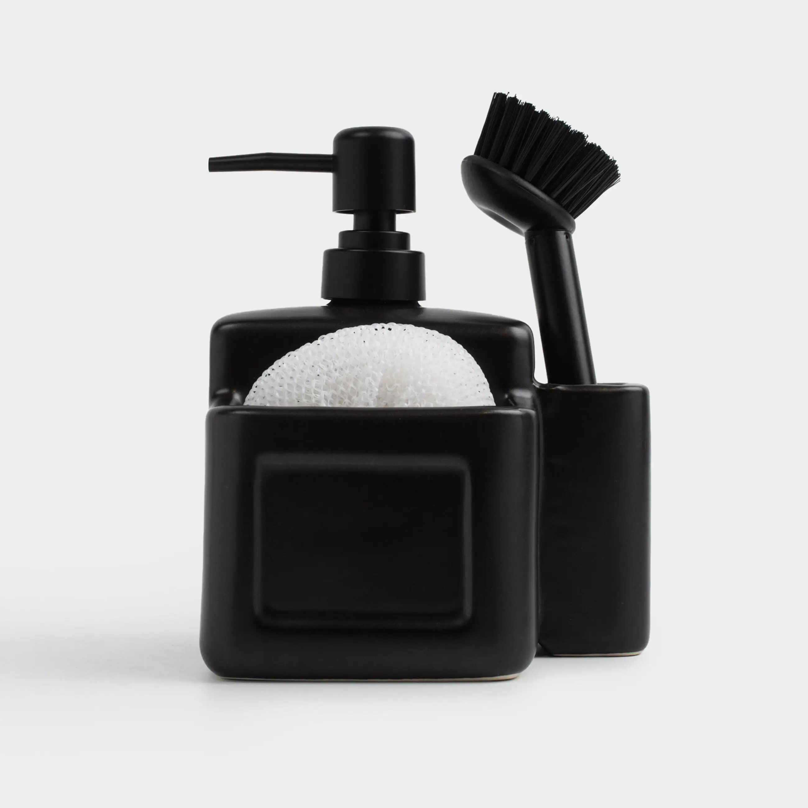 Диспенсер для моющего средства, 650 мл, органайзер, губка/щетка, керамика, черный, Total black