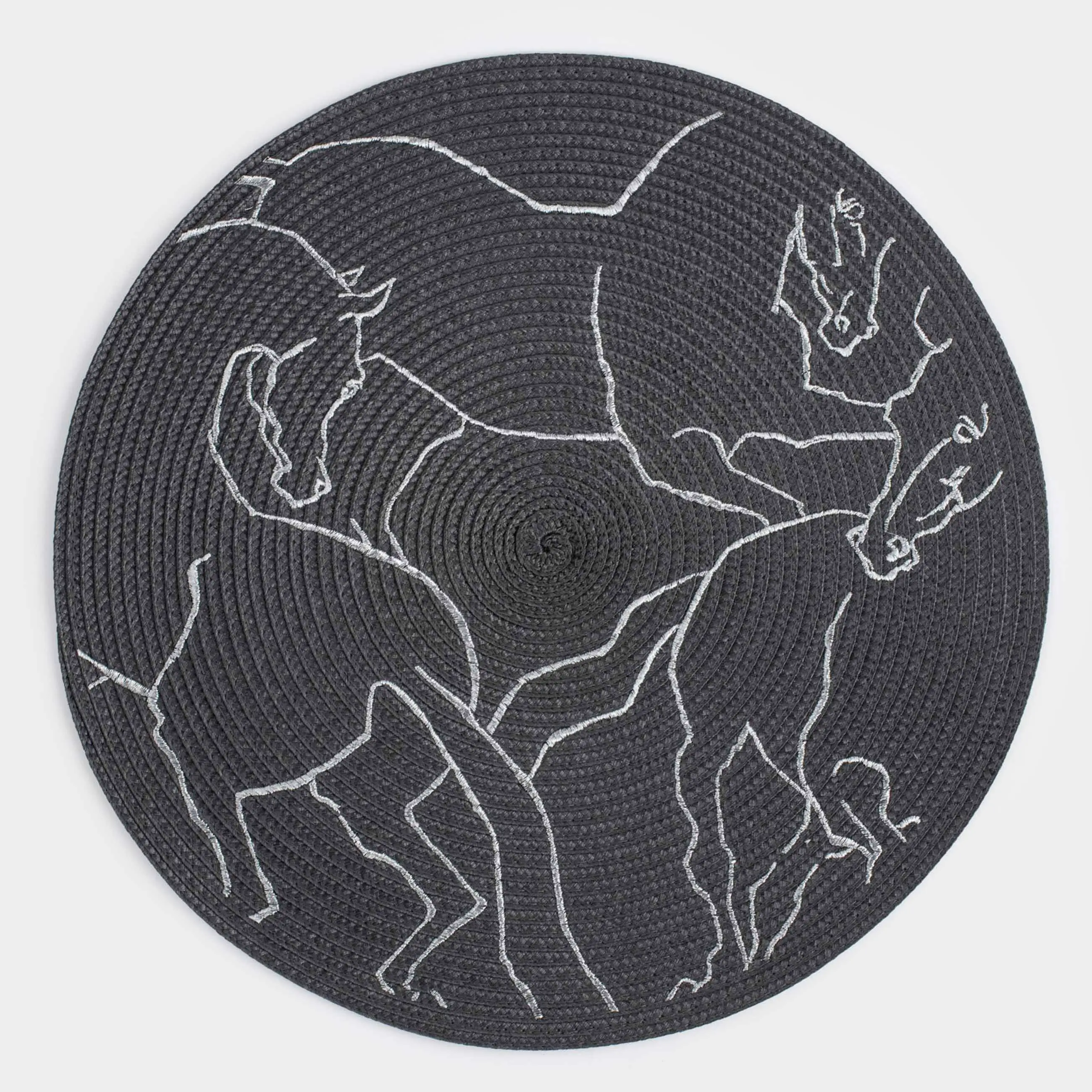 Салфетка под приборы, 38 см, полиэстер, круглая, темно-серая, Лошади, Circle embroidery