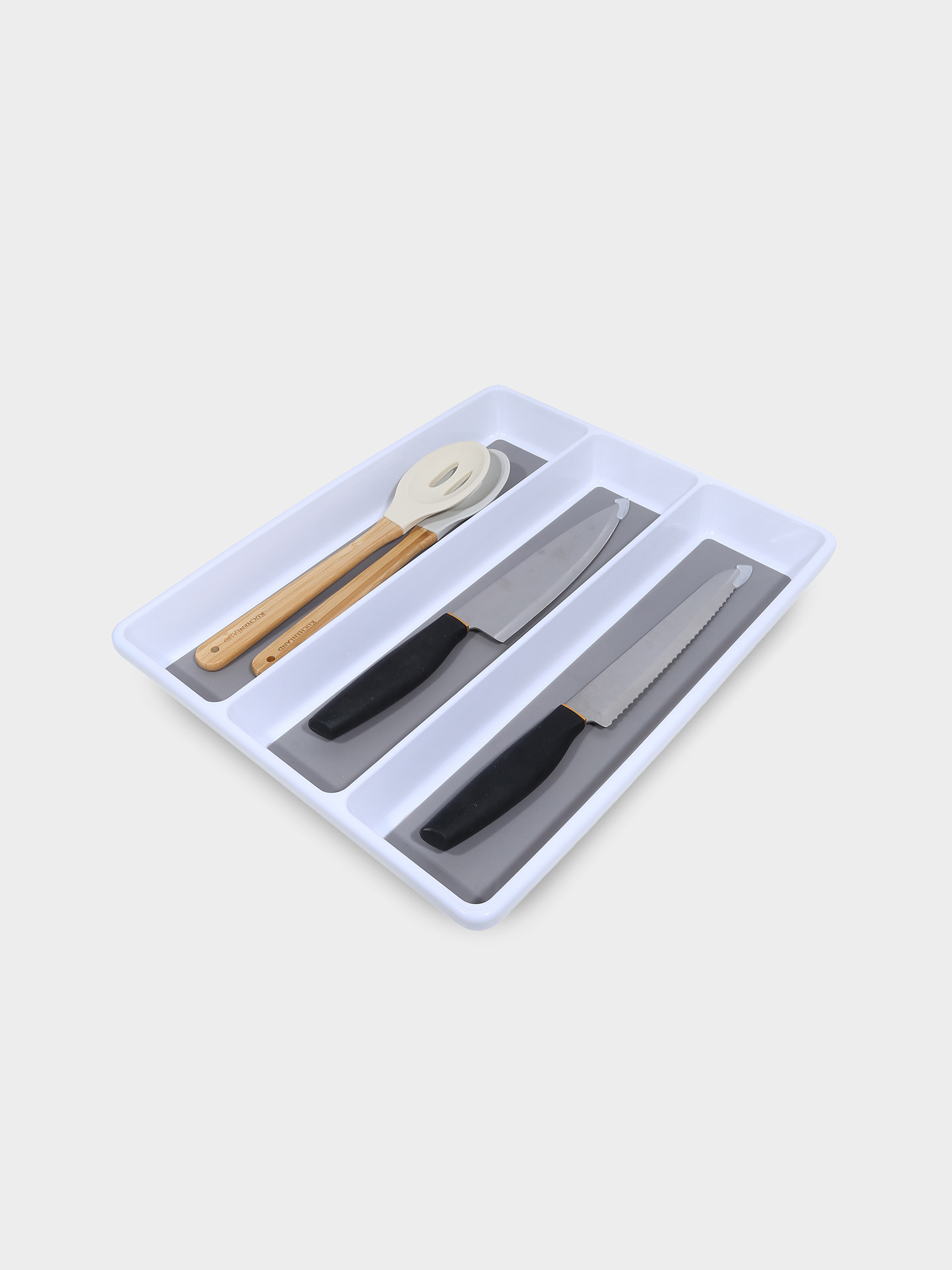 Лоток для кухонных принадлежностей, 40х33 см, 3 отд, пластик/каучук, бело-серый, Non-slip, image-2