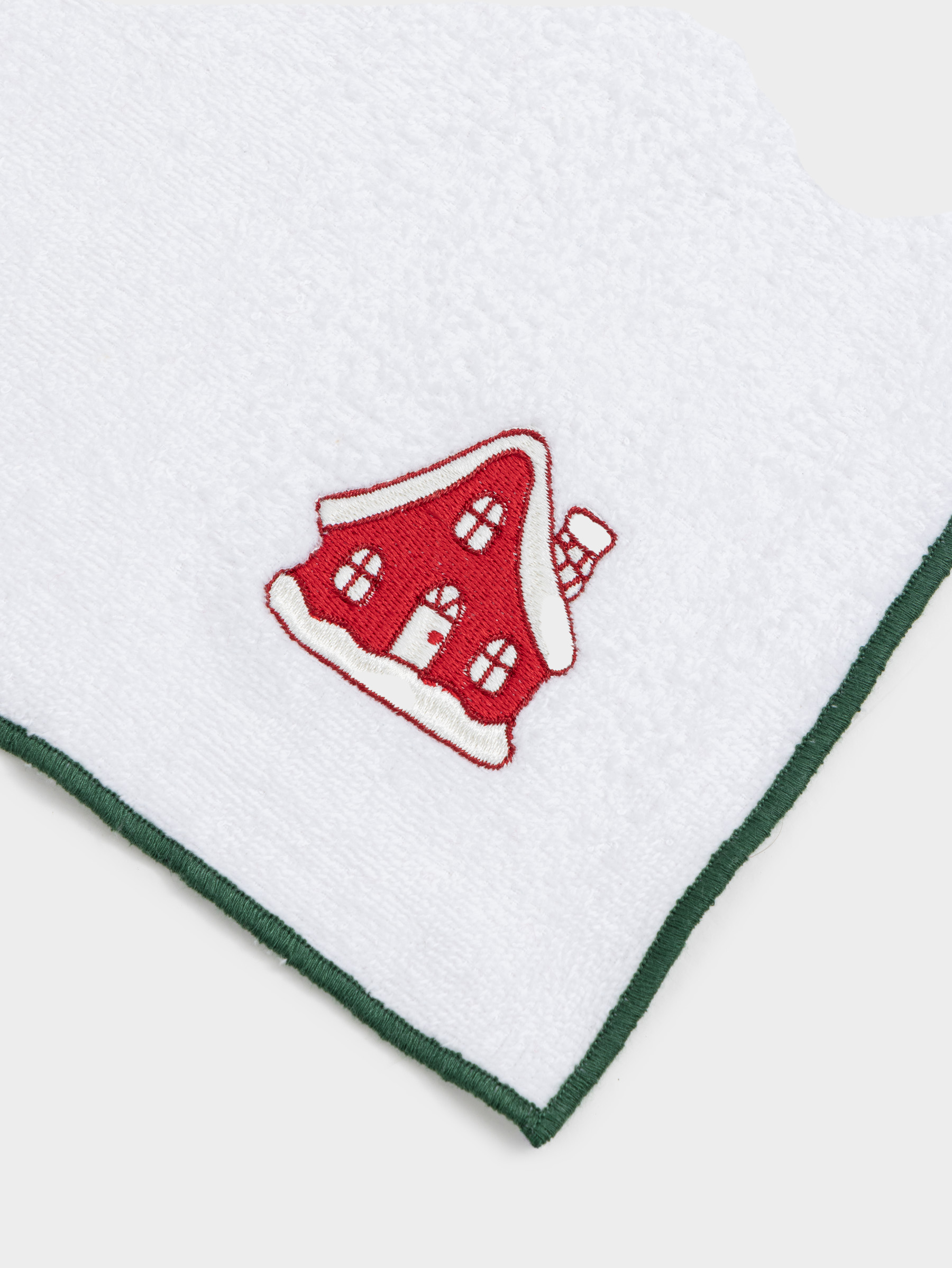 Полотенце кухонное, 40х60 см, хлопок, белое, с зеленым кантом, Домик и ели, Forest house, image-1