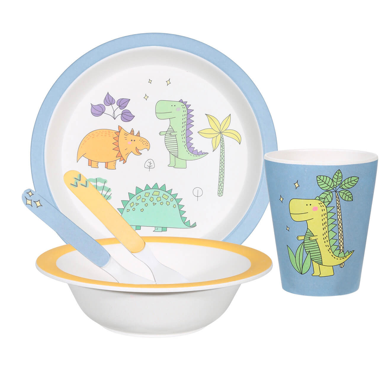 Набор посуды, детский, 5 пр, бамбук, желто-голубой, Динозавр, Dino