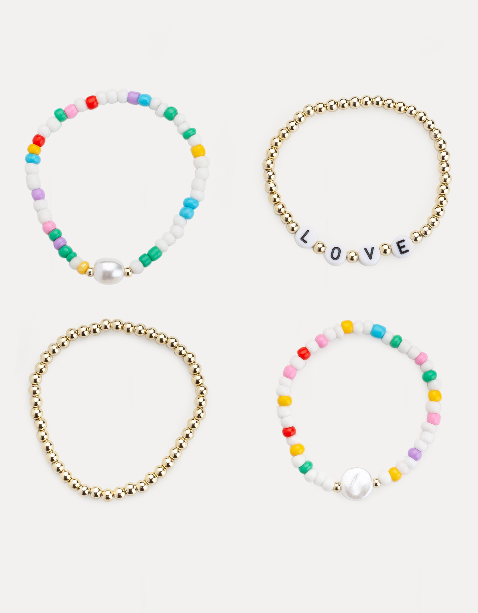 Набор браслетов, 6 см, 4 шт, пластик/стекло, золотистый/цветной, Love, Pearl color