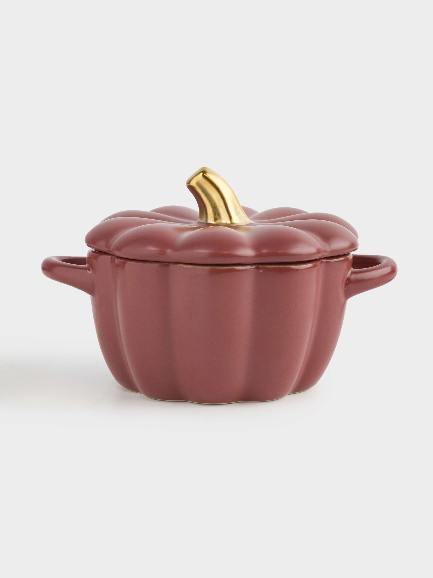 Кокотница, 11 см, 340 мл, с крышкой, керамика, бордово-золотистая, Тыква, Gourd, image-0