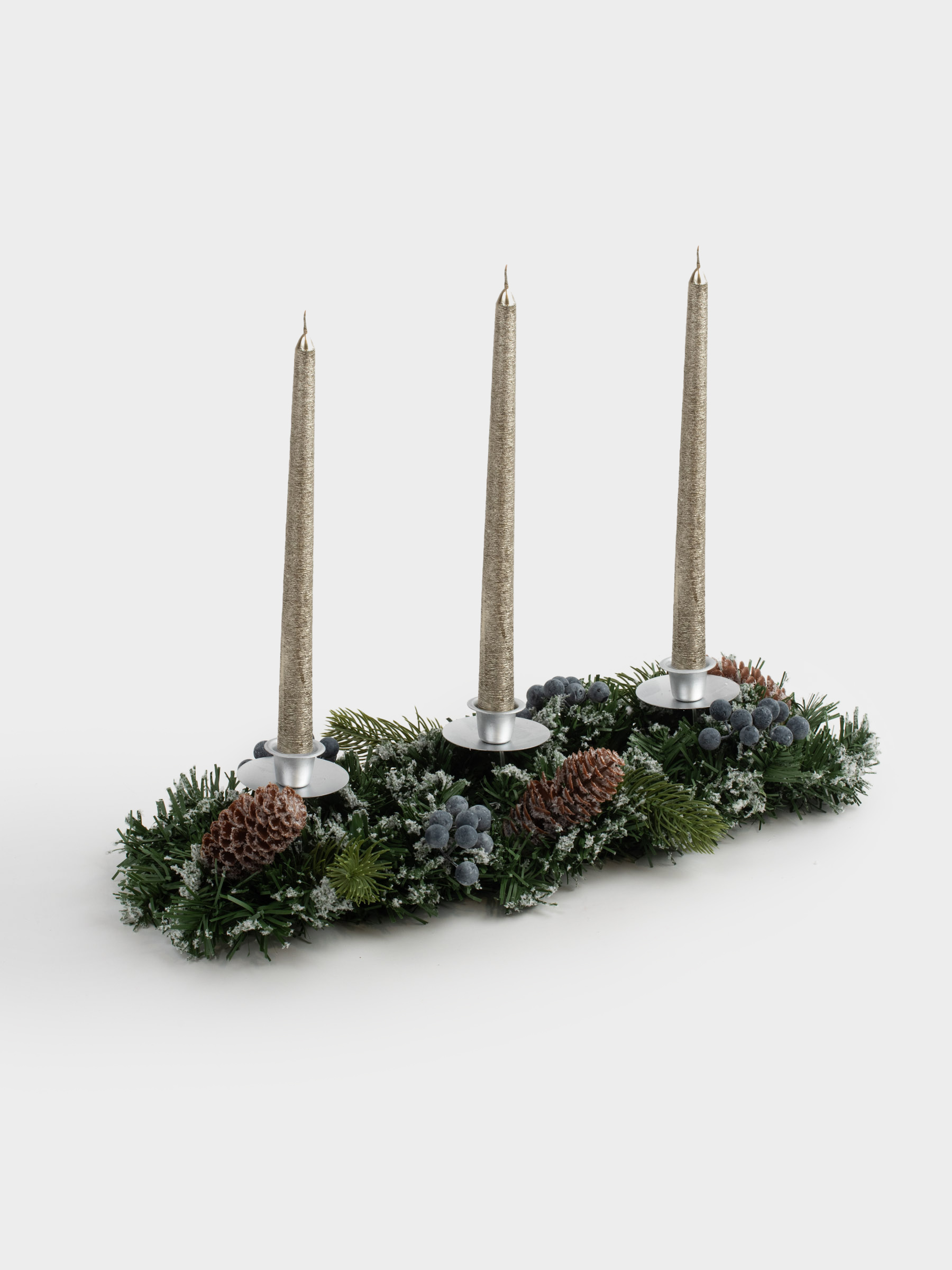 Подсвечник, 40 см, 3 тонкие свечи, ПВХ/металл, Синие ягоды и шишки, Snowy blue berry, image-3