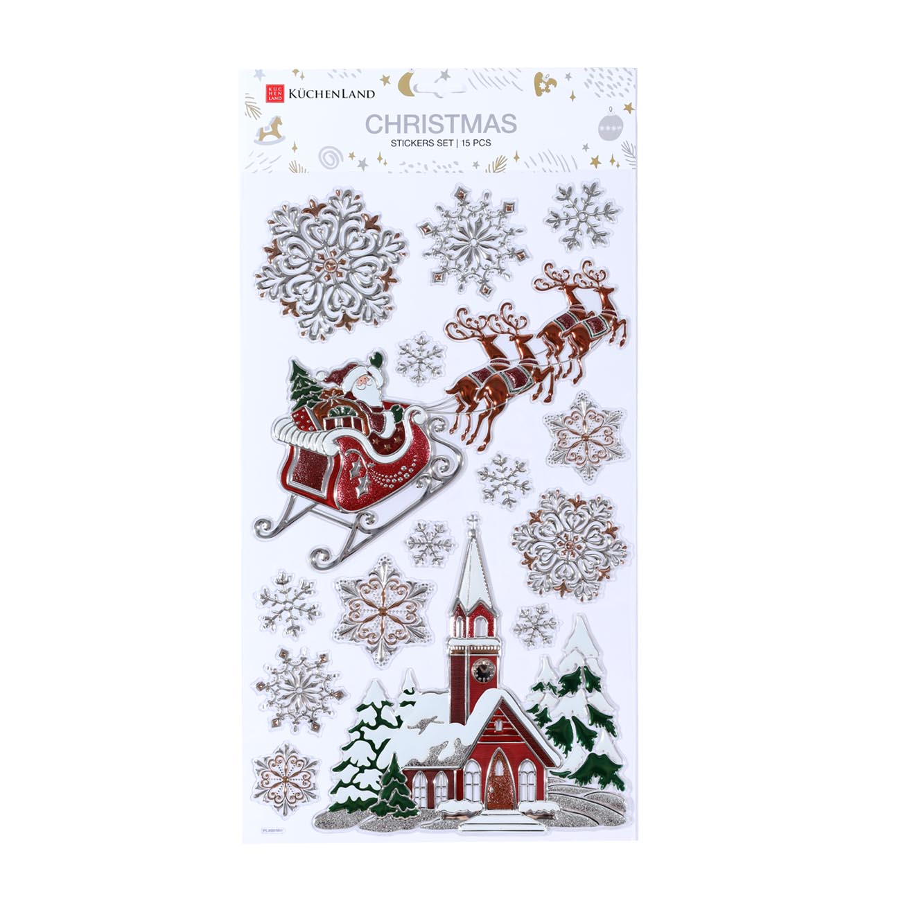 

Набор наклеек, 48х25 см, 15 шт, одноразовые, ПВХ/фольга, Санта в санях, Christmas