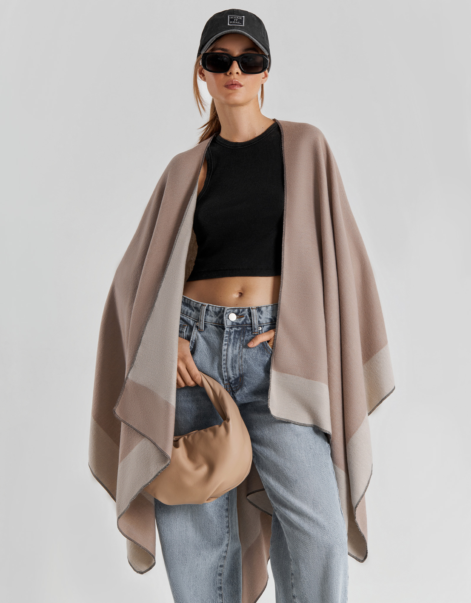Пончо, 160х135 см, полиэстер/вискоза, бежевое, Полосы, Poncho