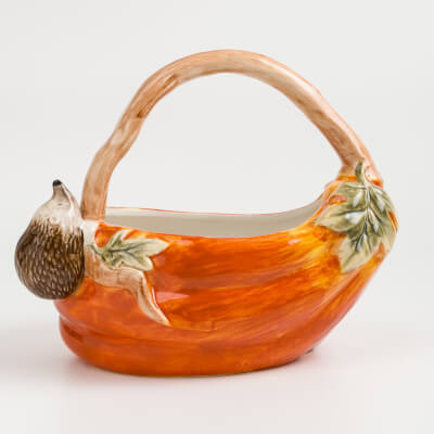 Конфетница, 27х22 см, с ручкой, керамика, оранжевая, Еж на тыкве, Forest symphony ,image-0