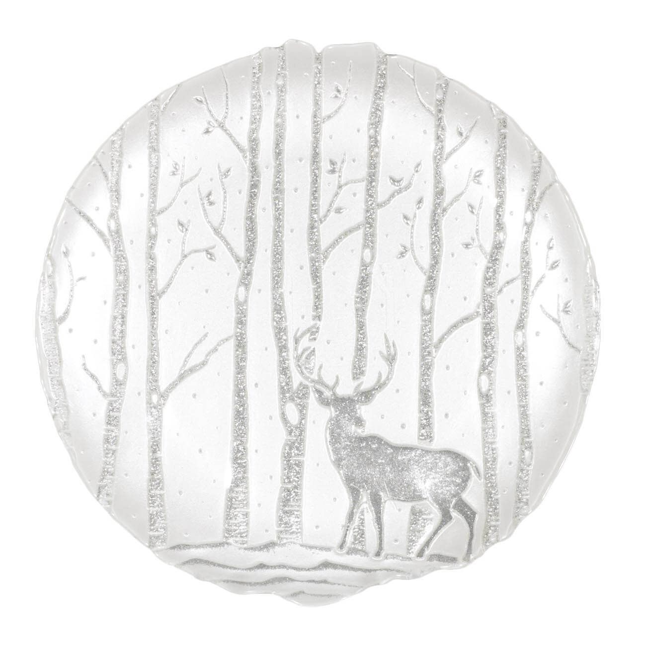 Тарелка закусочная, 21 см, стекло, белая, Олени в лесу, Winter deer