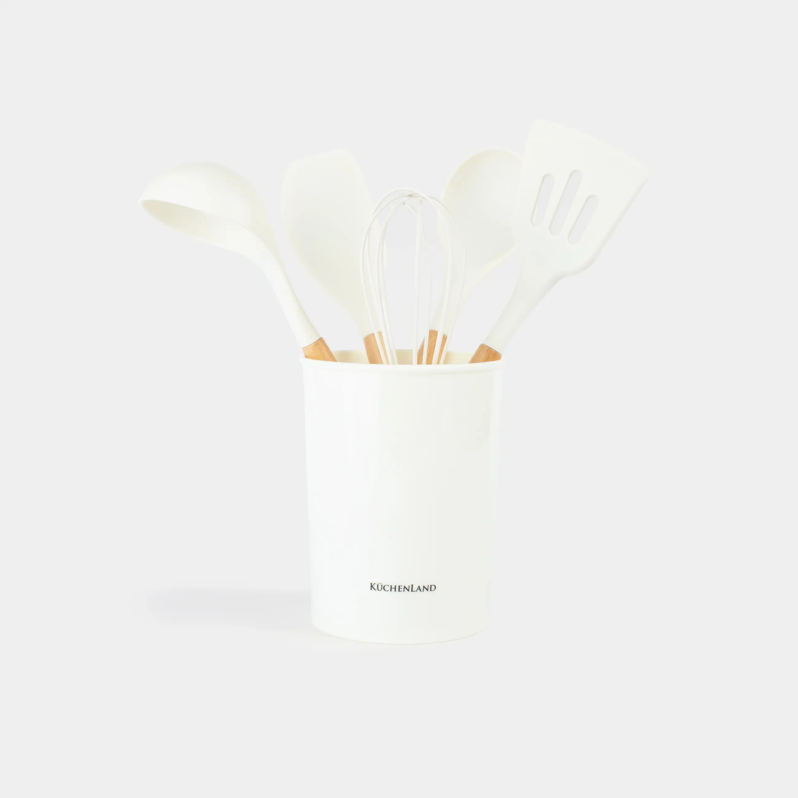 Набор кухонных принадлежностей, 5 пр, в подставке, дерево/силикон, молочный, Weekend