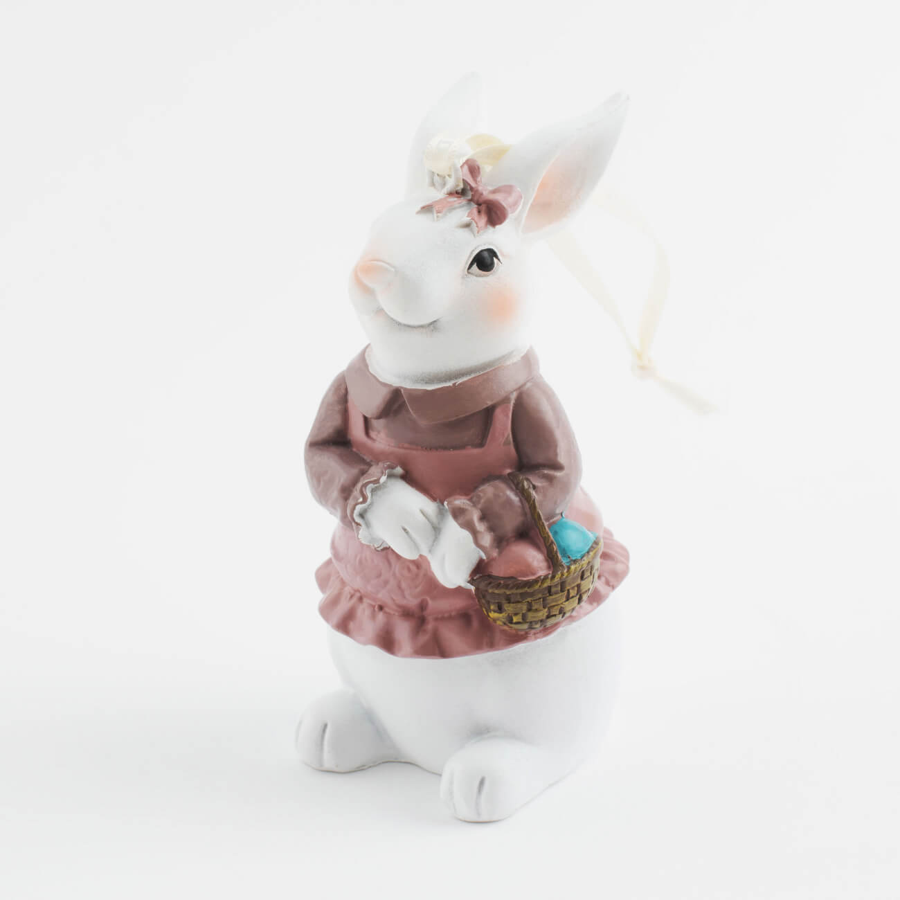 Подвеска декоративная, 11 см, полирезин, Белая крольчиха с корзинкой, Easter